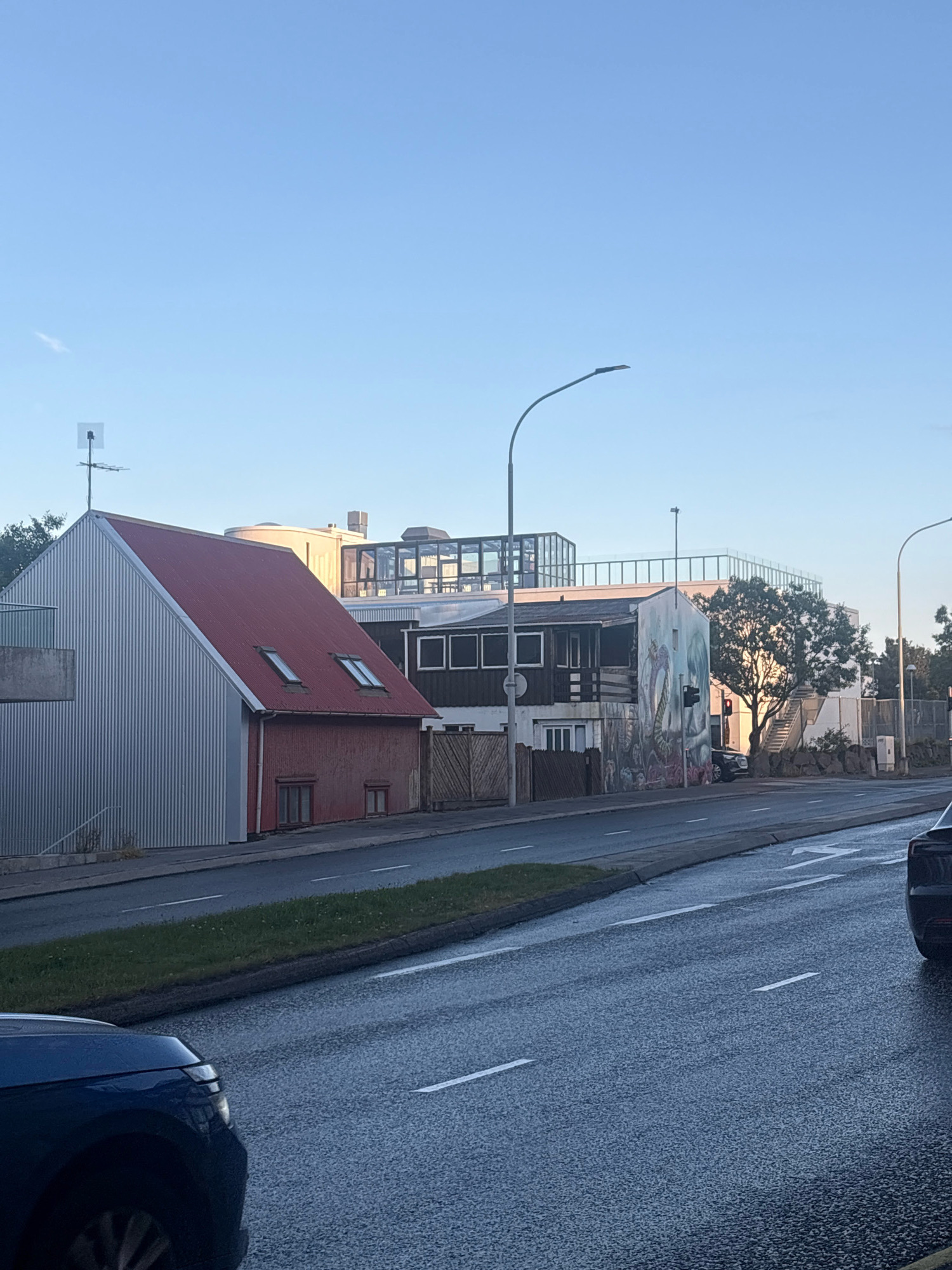 The image shows a street scene in Reykjavik, Iceland, under a clear blue sky. In the foreground, the wet asphalt road with white lane markings is visible, with the front of a dark blue car on the left and the rear of a black car on the right.
Dominating the mid-ground are several buildings. On the left, a distinct red-roofed building with corrugated silver siding stands prominently. Adjacent to it is a smaller, older red building with small windows and a red roof. Further to the right, a larger, modern building complex is visible, featuring dark-framed windows and a distinctive glass-enclosed rooftop area. One section of this building has a large, colorful mural depicting what appears to be a creature with scales and a serpent-like body.
Streetlights with curved arms are positioned along the street. A small patch of grass and a curb separate the road from the buildings. The environment suggests a relatively calm day in a city setting, with no people or active interactions explicitly depicted. The overall impression is one of urban architecture and infrastructure bathed in natural light.