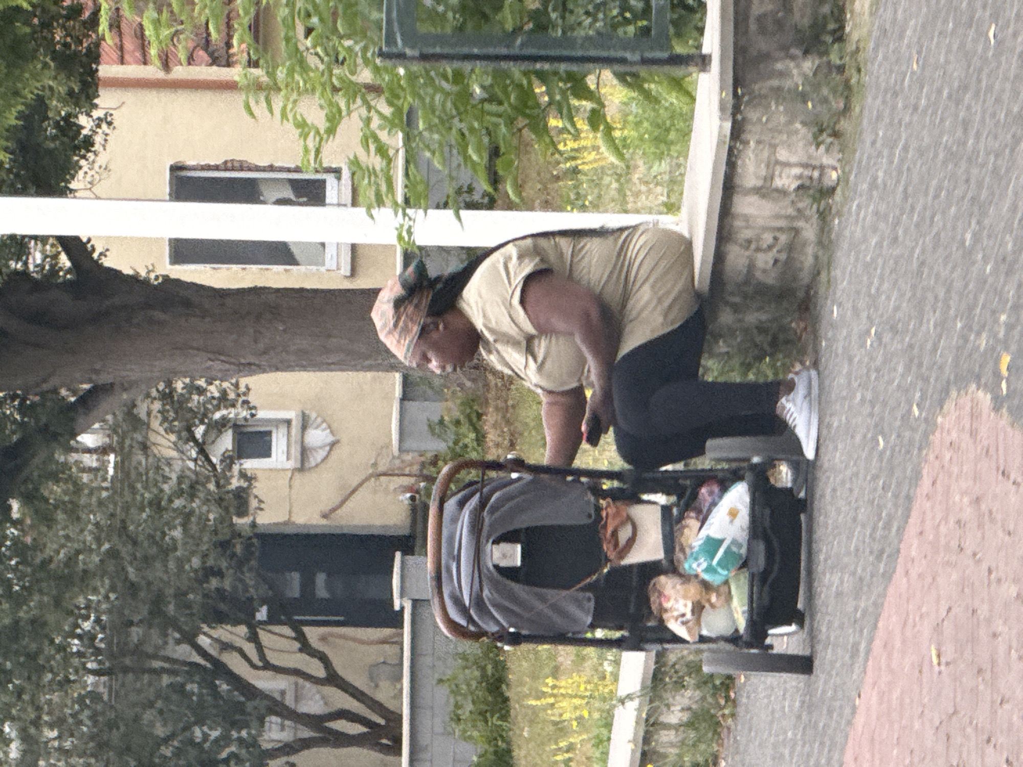 A Black woman wearing a tan short-sleeved button-up shirt, black leggings, and a patterned headscarf sits on a low concrete wall. She is holding a dark-colored smartphone in her right hand. To her left, a grey and black baby stroller is parked. The stroller is filled with various items, including bags of snacks and what appear to be baby blankets. Behind the woman and stroller is a grassy area with scattered yellow flowers. A tree with dark bark and green leaves stands to the left, and behind that is a light-colored building with dark windows. To the right of the woman, a dense green bush is visible. The scene appears to be a residential area, possibly in Bad Lauterberg im Harz, Germany, given the architectural style of the building and the presence of deciduous trees and a stroller.