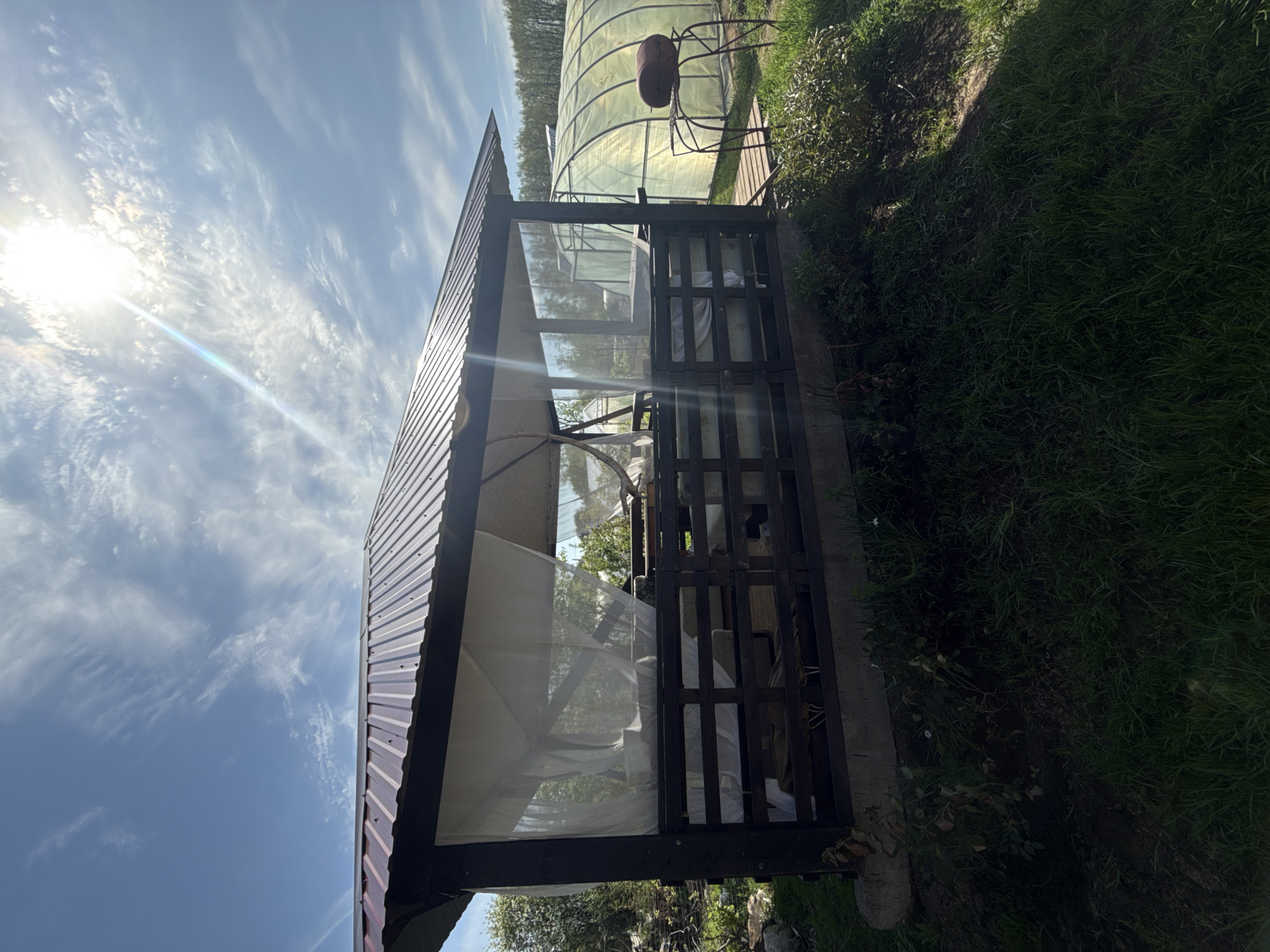 The image shows a metal-roofed gazebo-like structure with white fabric curtains partially drawn inside, next to a plastic greenhouse in a grassy area under a blue sky with scattered clouds. Based on prior information available, it is implied that the location is Chaikovsky, Russia. A dark-colored, wooden lattice fence forms one side of the gazebo. A metal water tank on a stand sits behind the greenhouse. The image is taken from a low angle, looking upward. The sun is visible in the upper left corner of the image, creating a lens flare.