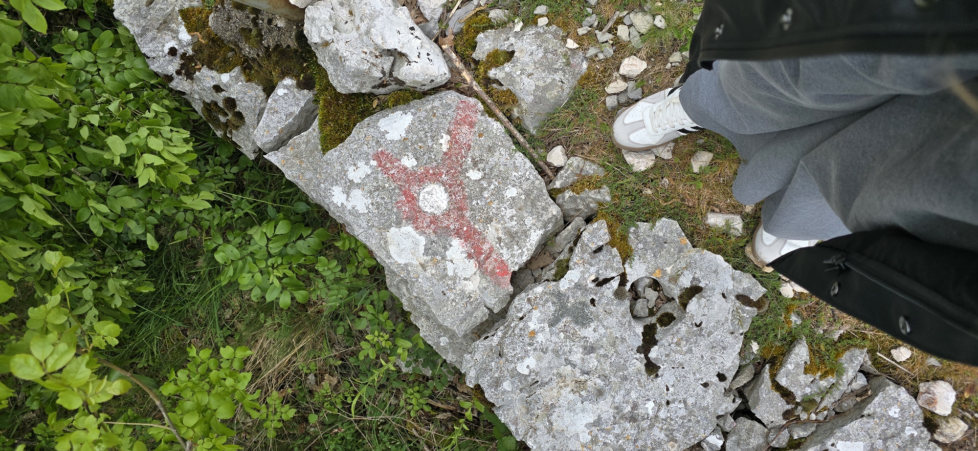 The image, likely taken at Kopito, Montenegro, depicts a section of a rough stone wall partially covered in moss and lichen, with surrounding vegetation. A red cross with a central white circle is painted on one of the stones. To the right, a person is standing with their foot on a stone near the wall. They are wearing grey sweatpants and white athletic shoes with black stripes. A portion of a black jacket or coat is also visible. The ground around the wall consists of scattered rocks, grass, and dry vegetation.