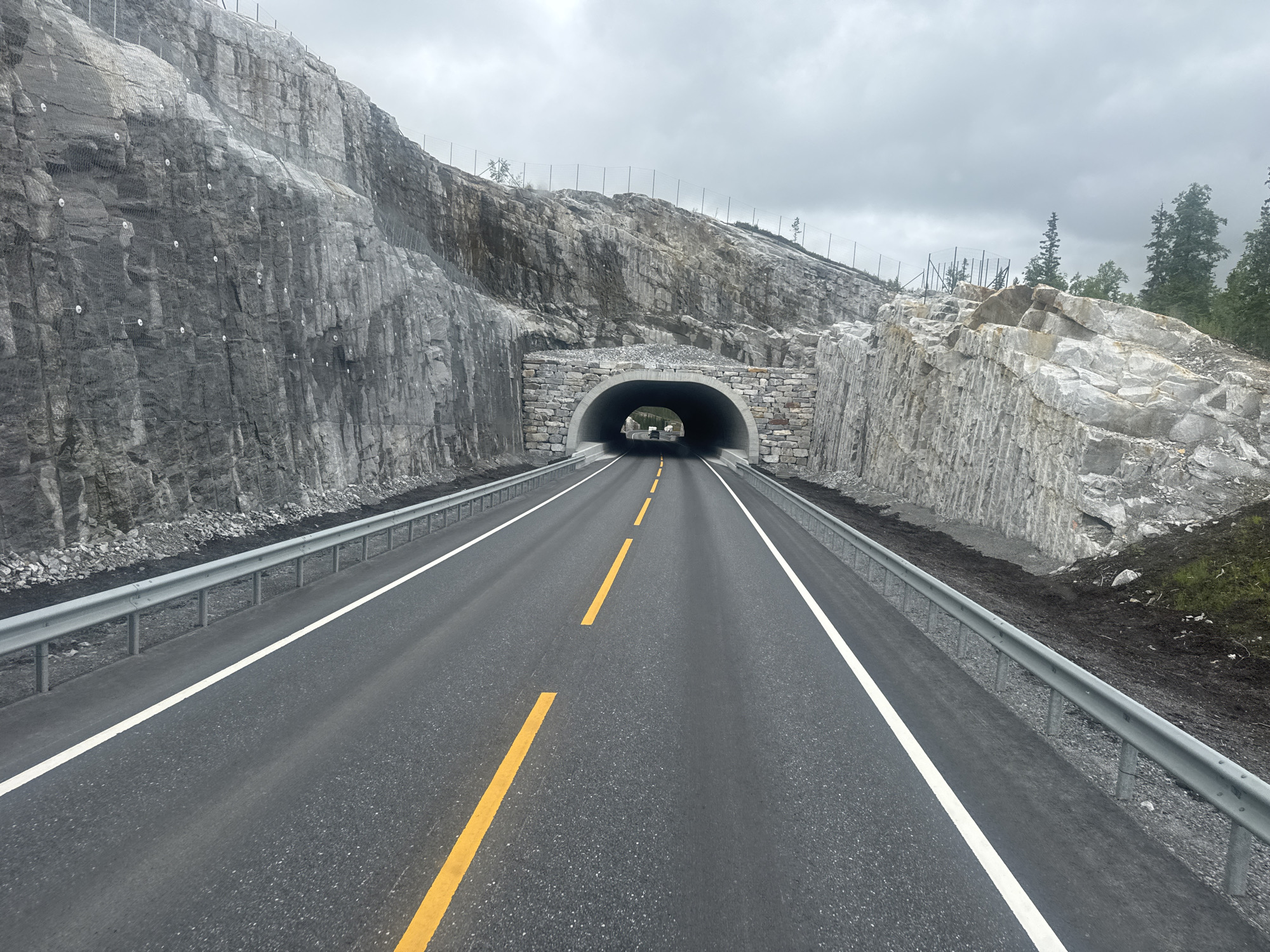 This image depicts a road leading into a tunnel, set against a backdrop of rugged, mountainous terrain. The road is paved and marked with yellow and white lines, with a silver guardrail running along either side. The tunnel entrance is reinforced with stone and concrete. The surrounding landscape is characterized by steep, rocky slopes, some of which are stabilized with netting and anchors. Trees and vegetation are visible on the higher slopes and in the distance. The sky is overcast, suggesting a cloudy or possibly rainy day. There are no people visible in the image, and the scene appears to be a natural landscape with significant infrastructure development. The location is identified as Grane, Norway. The overall impression is one of a modern road construction project in a remote, natural environment.