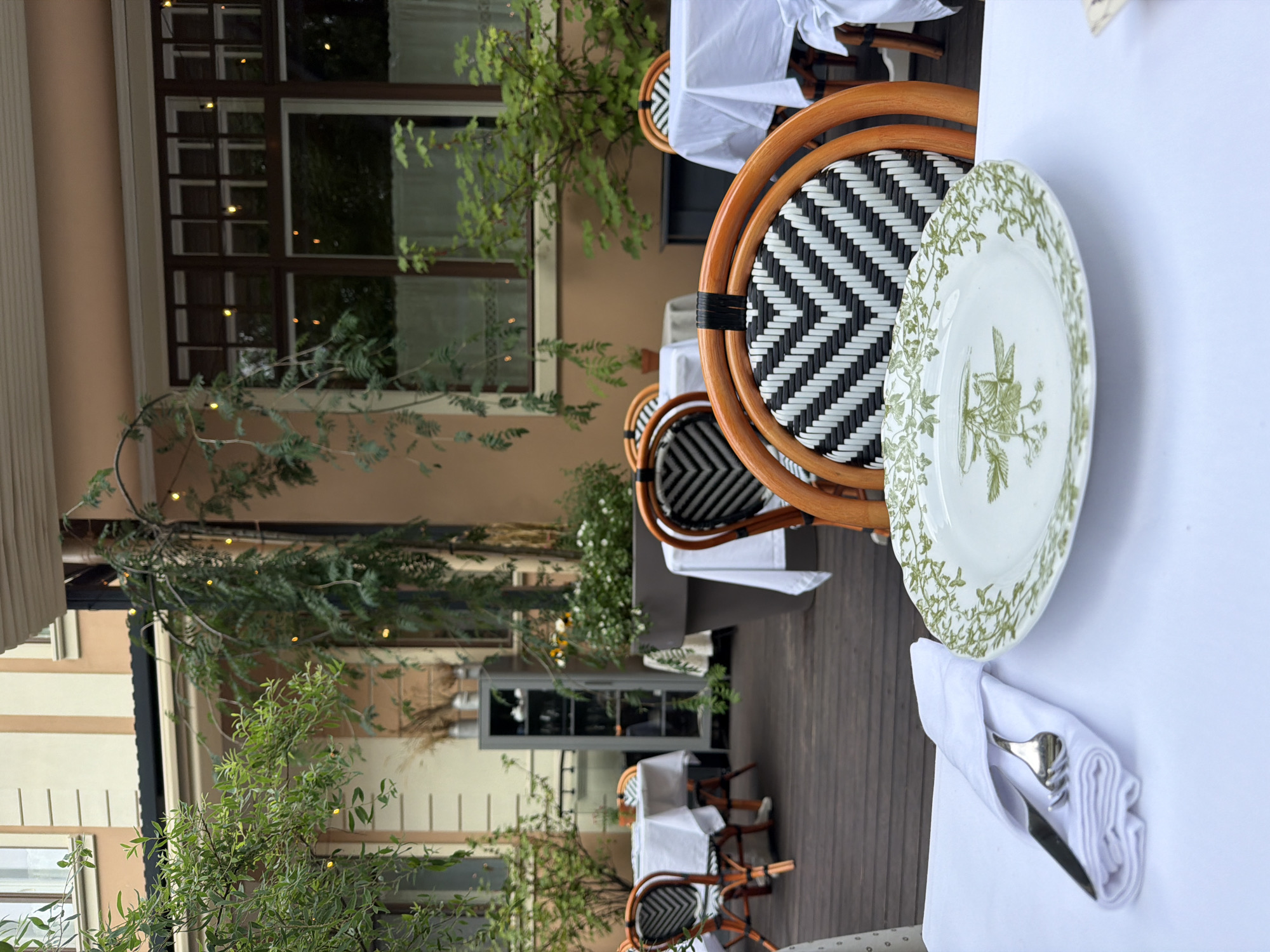 This image captures a charming outdoor seating area of a restaurant, likely in Saint Petersburg, Russia, given the architectural style visible in the background. The scene is set during the daytime, with soft, diffused light suggesting it might be overcast or late afternoon.
The primary subjects are several tables set for dining. Each table is adorned with white tablecloths, white plates with a delicate green botanical pattern, and folded white napkins holding cutlery. The chairs are a distinctive design, featuring a woven black and white seat and backrest framed by a light-colored, possibly rattan or bamboo, material. Some chairs are partially visible, showing the characteristic curved wooden armrests.
In the background, a building with a beige facade and dark-framed windows provides a sense of enclosure to the outdoor space. Green foliage from trees and plants is interspersed throughout the scene, some of it draped elegantly over the seating area, adding a natural and slightly whimsical touch. Small, warm-toned fairy lights are visible in the branches of the trees, hinting at a possible ambiance transition towards evening or a decorative element. The ground is covered in dark wooden planks, creating a warm and inviting patio.
The overall atmosphere is tranquil and elegant, suggesting a relaxed dining experience. There are no people visible in the frame, emphasizing the quiet setting and allowing the viewer to focus on the details of the table setting and the surroundings. The image evokes a sense of European cafe culture, with its focus on comfortable outdoor seating and aesthetically pleasing details.