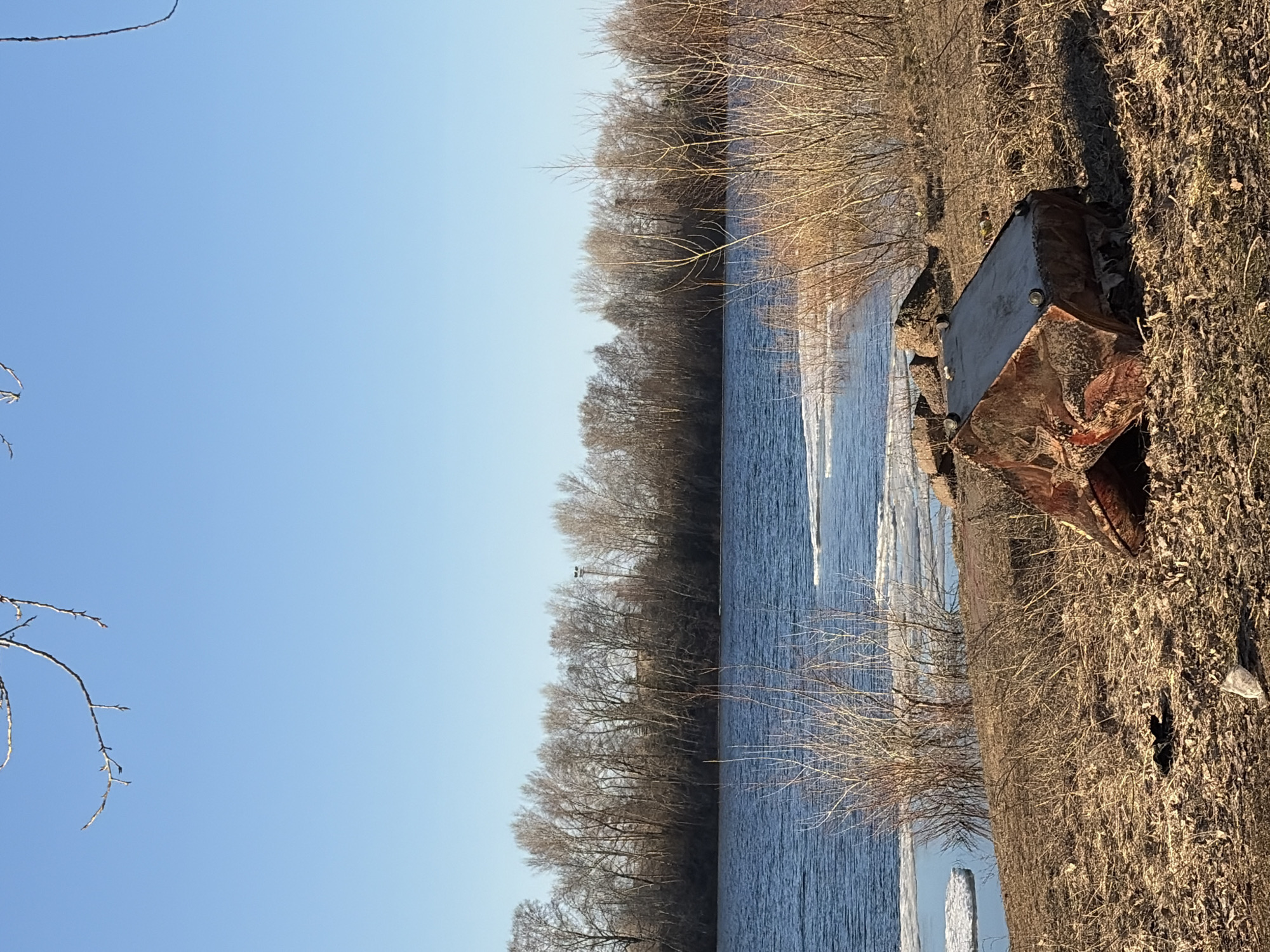 The image depicts a riverside scene in Chaikovsky, Russia. A body of water is bordered by a line of trees and vegetation. On the bank, a large, rusted metal object sits amidst dry grass and fallen leaves. The sky is clear and blue. There are no people visible.
