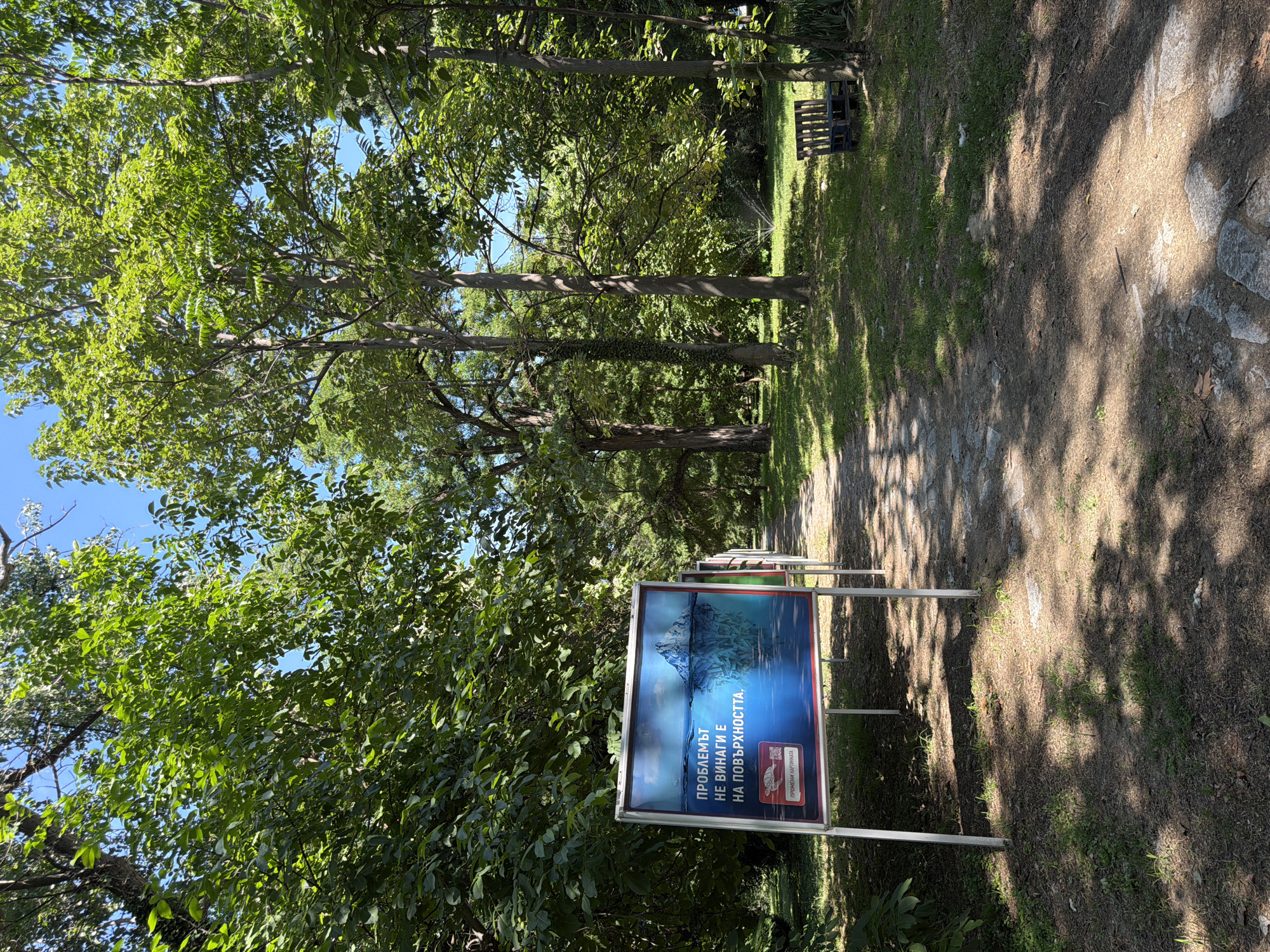 The image depicts a pathway in a park, likely in Pazardzhik, Bulgaria, with a sign on the left advertising environmental awareness. The sign features an iceberg partially submerged in water, with text in Cyrillic script stating "PROBLEMS ARE NEVER VISIBLE ON THE SURFACE." Below the iceberg image is a smaller box with text that translates to "CHANGE THE PICTURE." A QR code and a turtle icon are also visible. The pathway is unpaved and made of gravel and stone, winding through a sun-dappled forest of tall trees. To the right of the pathway, there is a grassy area with a simple wooden bench made of pallets. The environment appears lush and green, with clear blue skies overhead. There are no people visible in the scene.