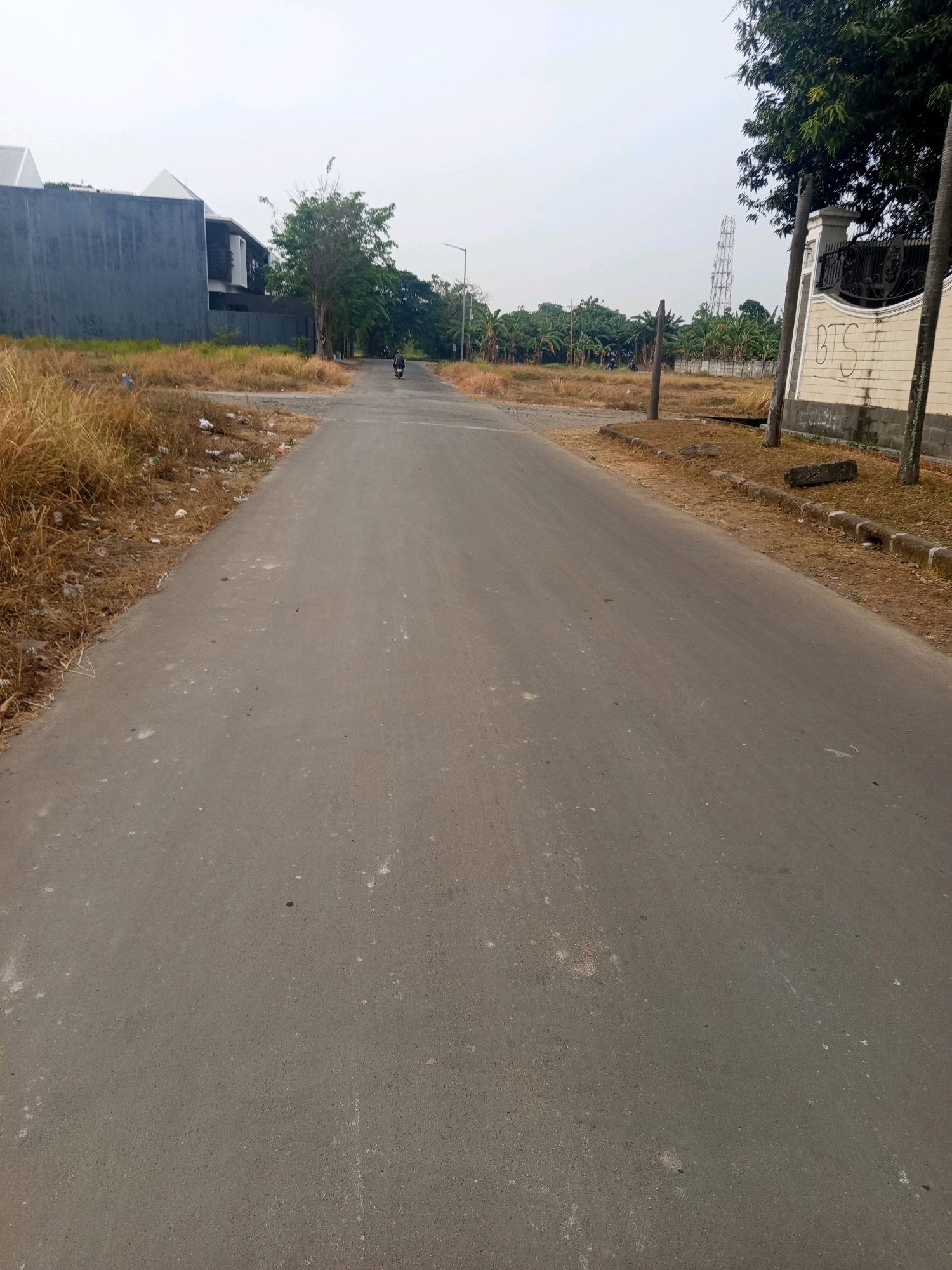 The image shows an empty paved road with dry grass and trees on either side. A motorcycle is visible in the distance on the road. A modern building with a dark facade is on the left side of the road, and a building with a white wall and a black metal fence is on the right. There is graffiti on the white wall that says "BTS". A cellular tower is visible in the background. The sky is overcast. The scene appears to be an undeveloped or developing area on the outskirts of a city. Based on the context provided in the prompt, this location is in the city of West Jakarta, Indonesia.