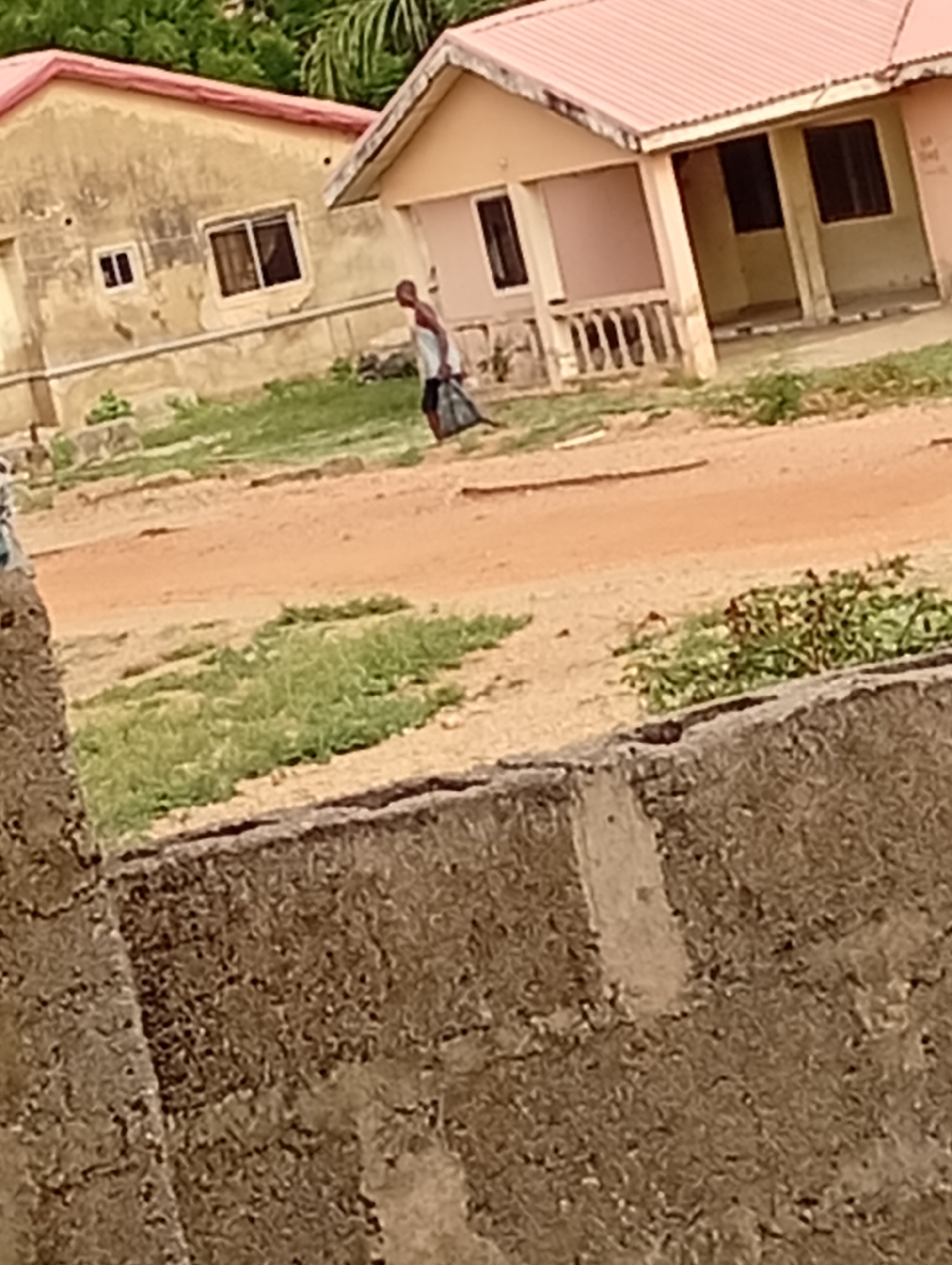 The image depicts a scene in what appears to be the city of Adankolo, Nigeria, featuring a man walking along a dirt road. The man is carrying a dark-colored plastic bag. Behind him are two single-story buildings with peach-colored walls and red-tiled roofs. The building closer to the foreground has an open porch area. The road is bordered by patches of grass. In the foreground, a textured concrete block wall partially obscures the view.