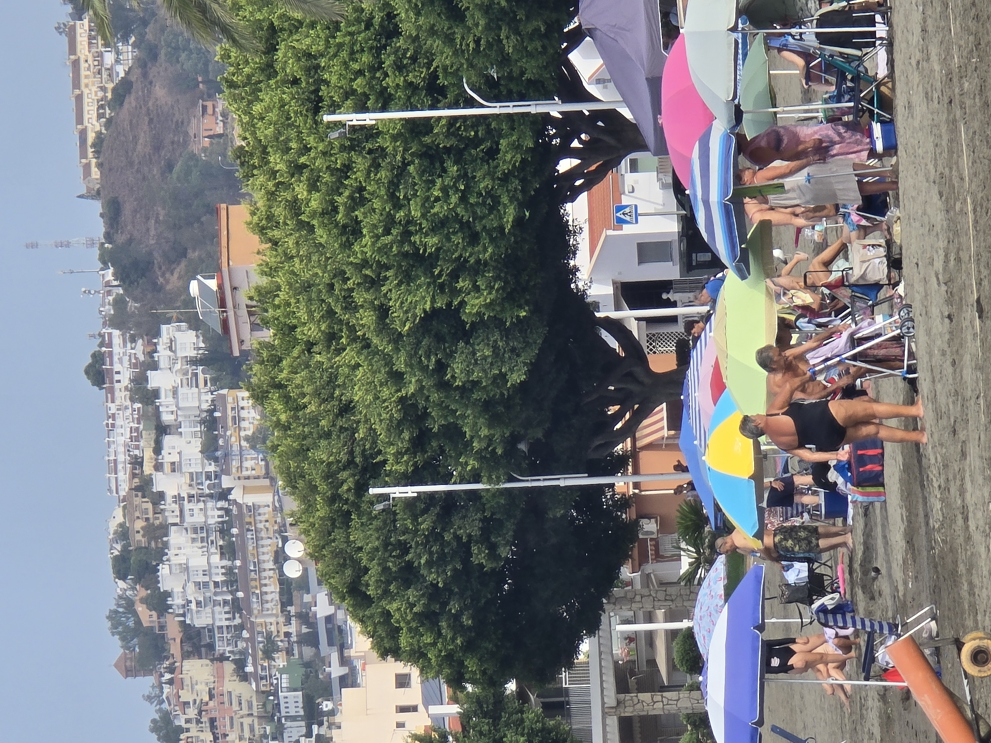 The image depicts a crowded beach scene in the city of Málaga, Spain, with a hillside urban landscape in the background. In the foreground, a sandy beach is populated with numerous beachgoers, many of whom are seated under various colorful umbrellas and canopies. Beach chairs, bags, and towels are scattered around. Several individuals are visible, some in swimwear, engaging in various activities such as standing, sitting, or interacting with each other. In the middle ground, large, lush green trees dominate the scene, providing shade and a natural element. Behind the trees, a densely packed residential area with white and pastel-colored buildings cascades down a hill. The architecture suggests a Mediterranean coastal town. The sky is overcast with a muted, pale blue hue. The overall atmosphere is one of a typical summer day at a popular beach resort.