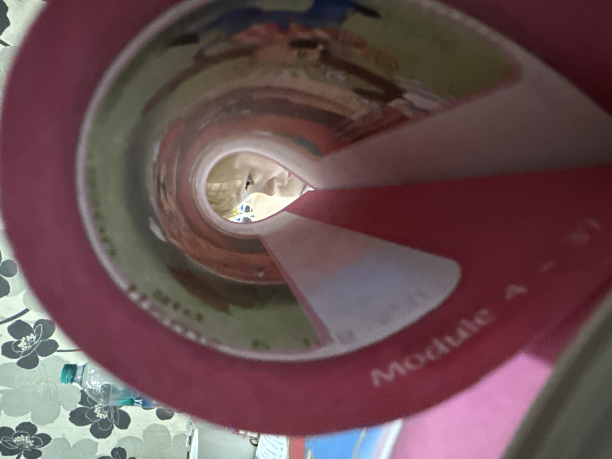 The image captures an unusual, tunnel-like perspective, looking through a bright pink, rolled-up object, likely a book or poster. The interior of this object displays blurred colorful illustrations and patterns.
At the distant, constricted end of this tunnel, an inverted image of a fair-haired person's face is visible. The person, possibly a child, or a doll, has light-colored eyes and a neutral expression, looking upwards and towards the viewer.
Visible on the pink surface of the rolled object, along its length, is the text "Module A -". Faint, possibly Cyrillic text, including characters that resemble "2. Про..." and "среди", can also be discerned on the inner, printed pages of the object.
The surrounding environment, visible outside the cylindrical focus, reveals an indoor setting. In the lower left, a surface adorned with a grey and black floral patterned fabric, likely a tablecloth or bed linen, is present. A clear plastic water bottle with a blue-green cap rests horizontally on this patterned surface. Other indistinct shapes and colors further suggest a casual indoor room. The scene depicts a curious or playful observation, taking place in Dmitrov, Russia.