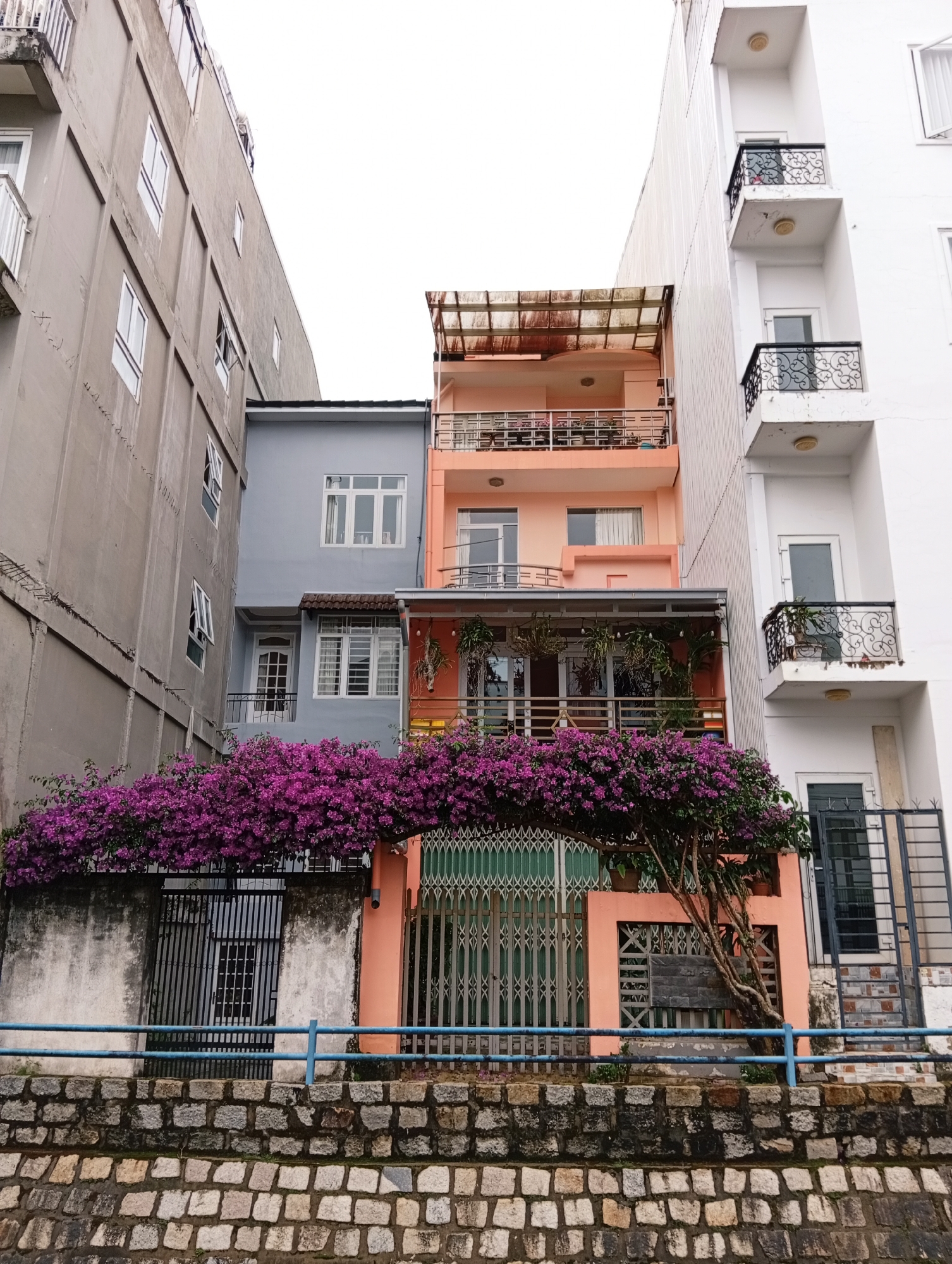 The image shows a street scene in Da Lat, Vietnam. Three buildings of different colors are squeezed together, with the tallest being a gray concrete structure on the left and a white building with balconies on the right. The middle building is light gray with a brown tiled roof section, and next to this is a three-story house painted light orange. A vibrant purple bougainvillea vine cascades over a fence and gate in front of the buildings. Below the fence is a wall made of stone blocks. The sky above is overcast. There are no people visible in the image.