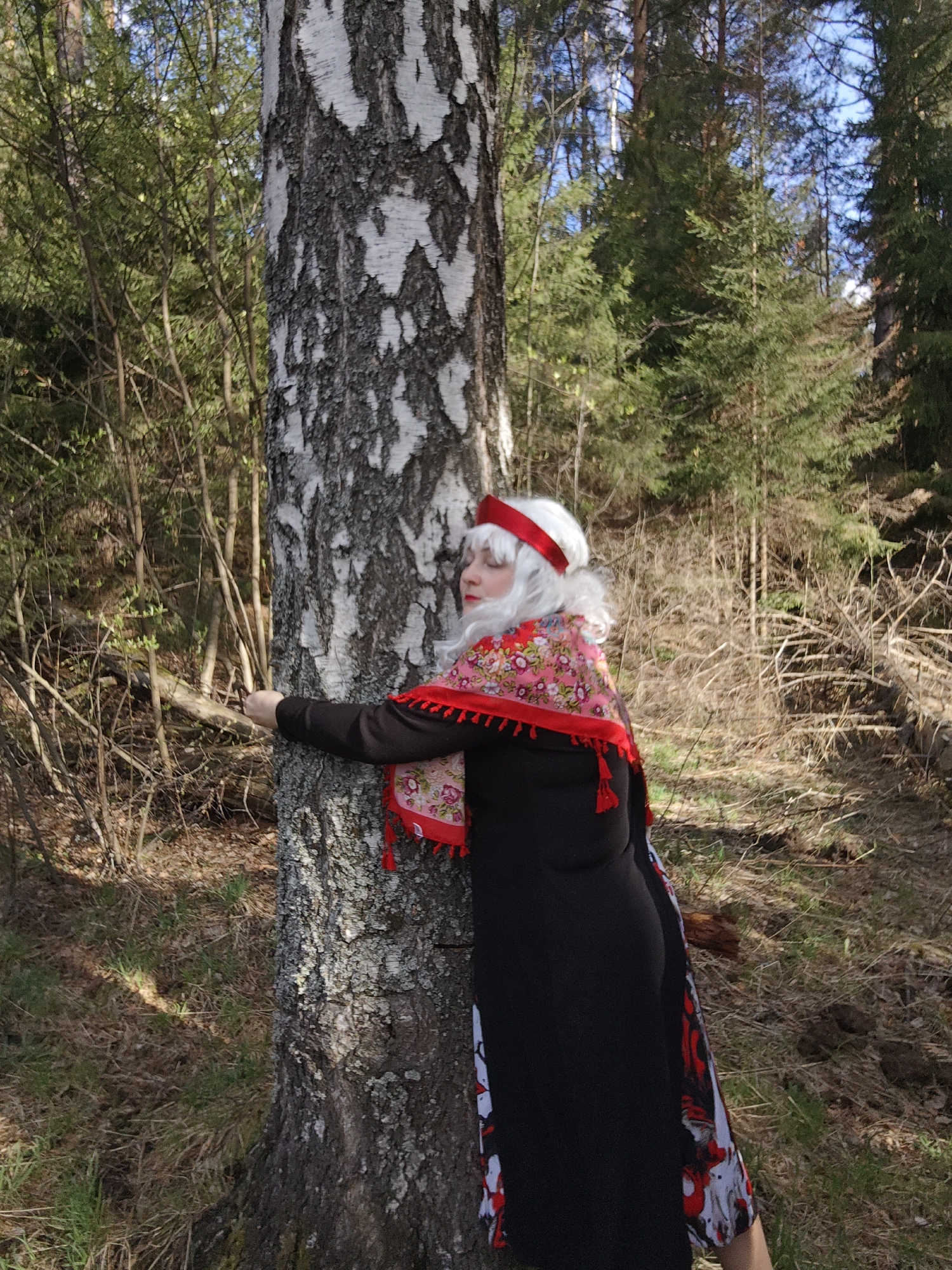 A woman embraces a birch tree in a forest. She has white hair and a red headband. She wears a black dress and a red shawl with a floral pattern and tassels. The location is Markovskii, Russia. The forest has a mix of deciduous and coniferous trees. The ground is covered with grass and fallen leaves.
