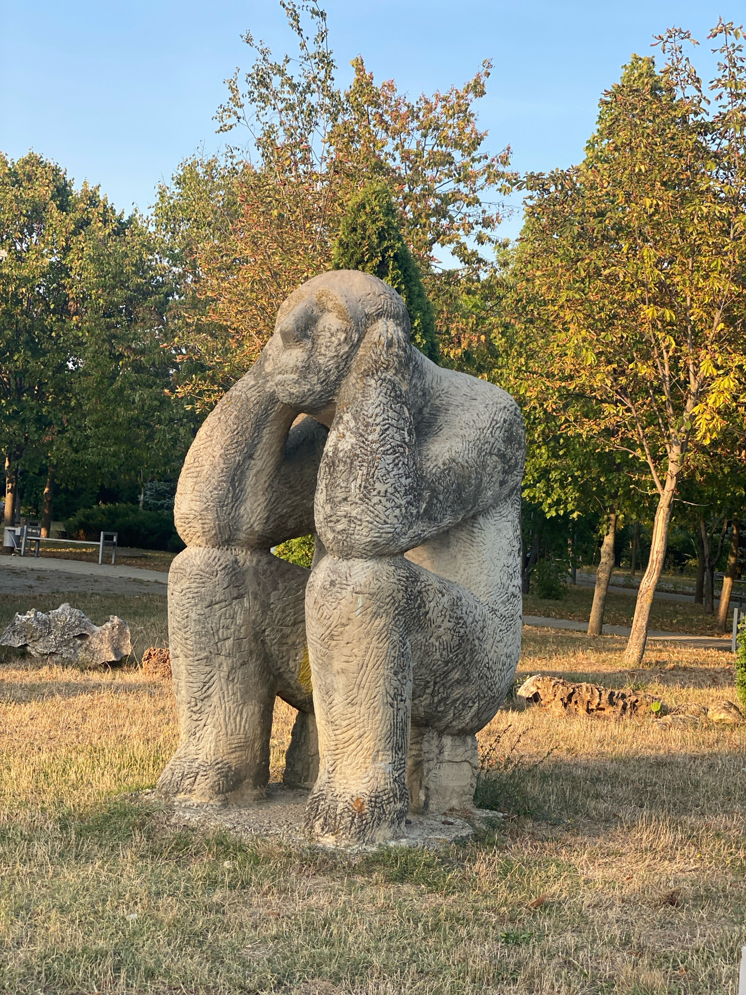 An imposing, rough-hewn stone sculpture of a figure in a pensive pose sits centrally in a park setting. The sculpture, depicting a hunched-over being with its head resting on its hands, is made of textured, greyish stone with visible carved lines suggesting musculature and form. The figure is seated on a stone base, with its legs bent and feet planted on the ground. The surrounding environment consists of dry, yellowish grass, with scattered patches of green. Several trees with autumn foliage, showing a mix of green and golden-brown leaves, are visible in the background, suggesting a temperate climate. A paved pathway and park benches can be seen in the middle ground, indicating a public space. In the foreground, to the left of the sculpture, a weathered, natural rock formation lies on the grass. The sky above is clear and a pale blue. The lighting suggests it is either early morning or late afternoon, with long shadows cast by the trees. The sculpture is located in the "Sculpture Park" in Chișinău, Moldova.