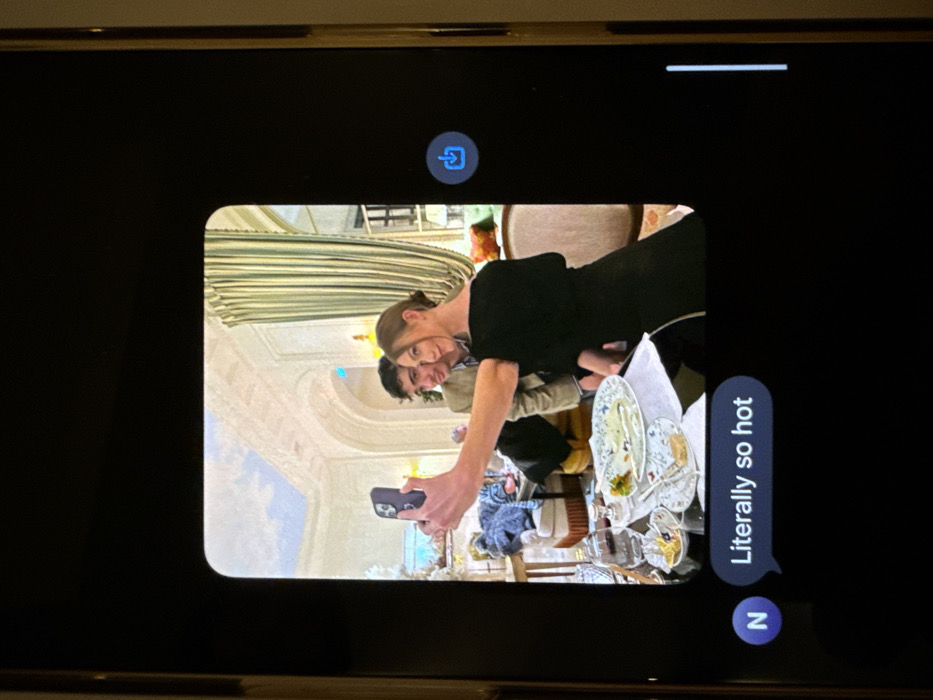 An image of a phone screen shows a photograph within a messaging app. The photograph features a woman in a black dress and a man taking a selfie in what appears to be an ornate restaurant setting. The table is covered with plates, silverware, and glasses, suggesting a recent meal. A message bubble to the right of the photo says, "Literally so hot." The phone's user interface elements are visible, including the message bubble and a share icon.