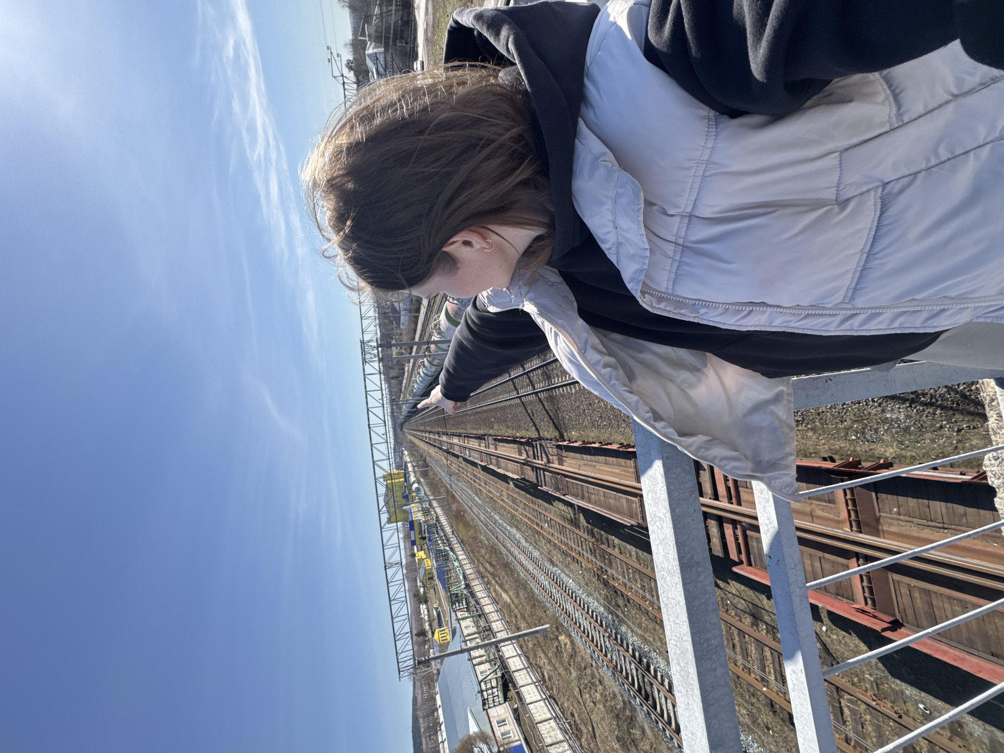 The image captures a person, likely female, viewed from a side profile, looking down from an elevated structure onto an expansive railway system. She wears a black hoodie underneath a light grey or silver puffer vest, and her brown hair appears somewhat windblown. Her right arm is extended, and she is pointing into the distance along the railroad tracks below.
The scene is illuminated by bright sunlight under a clear blue sky with a few faint cirrus clouds, indicating a sunny day. The person is positioned near a grey metal railing, suggesting she is on a bridge or overpass spanning the tracks. Below, multiple parallel railroad tracks stretch far into the horizon, implying a large rail yard or junction. Several dark-colored train wagons are visible on various tracks. Overhead catenary structures, typical for electrified railways, are prominent above the tracks. In the background, some industrial buildings and sparse vegetation are visible. The location context provided is Ферма, Russia. No visible text is discernible in the image.