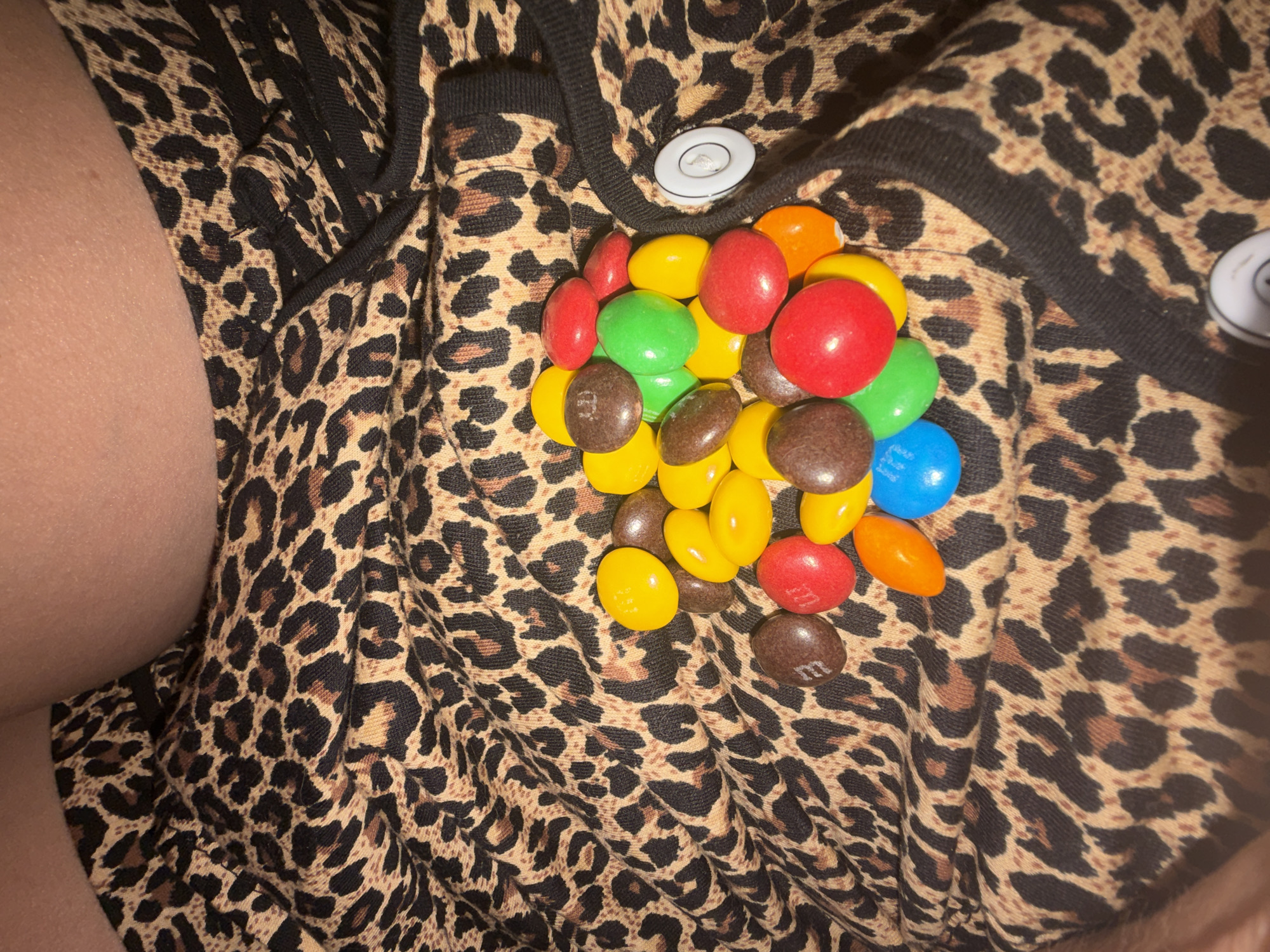 A close-up, overhead shot shows a pile of M&M candies scattered on a leopard-print fabric. The candies are of various colors including brown, red, yellow, green, orange, and blue. Some of the brown M&Ms have the "m" logo visible. The fabric appears to be part of a garment, possibly a cardigan, with a black trim and a white button visible on the right side of the image. The background consists of skin tone, suggesting a person is wearing the garment and holding the candies. There is no discernible urban or natural environment visible, and therefore no information regarding location in Chaikovsky, Russia can be inferred.