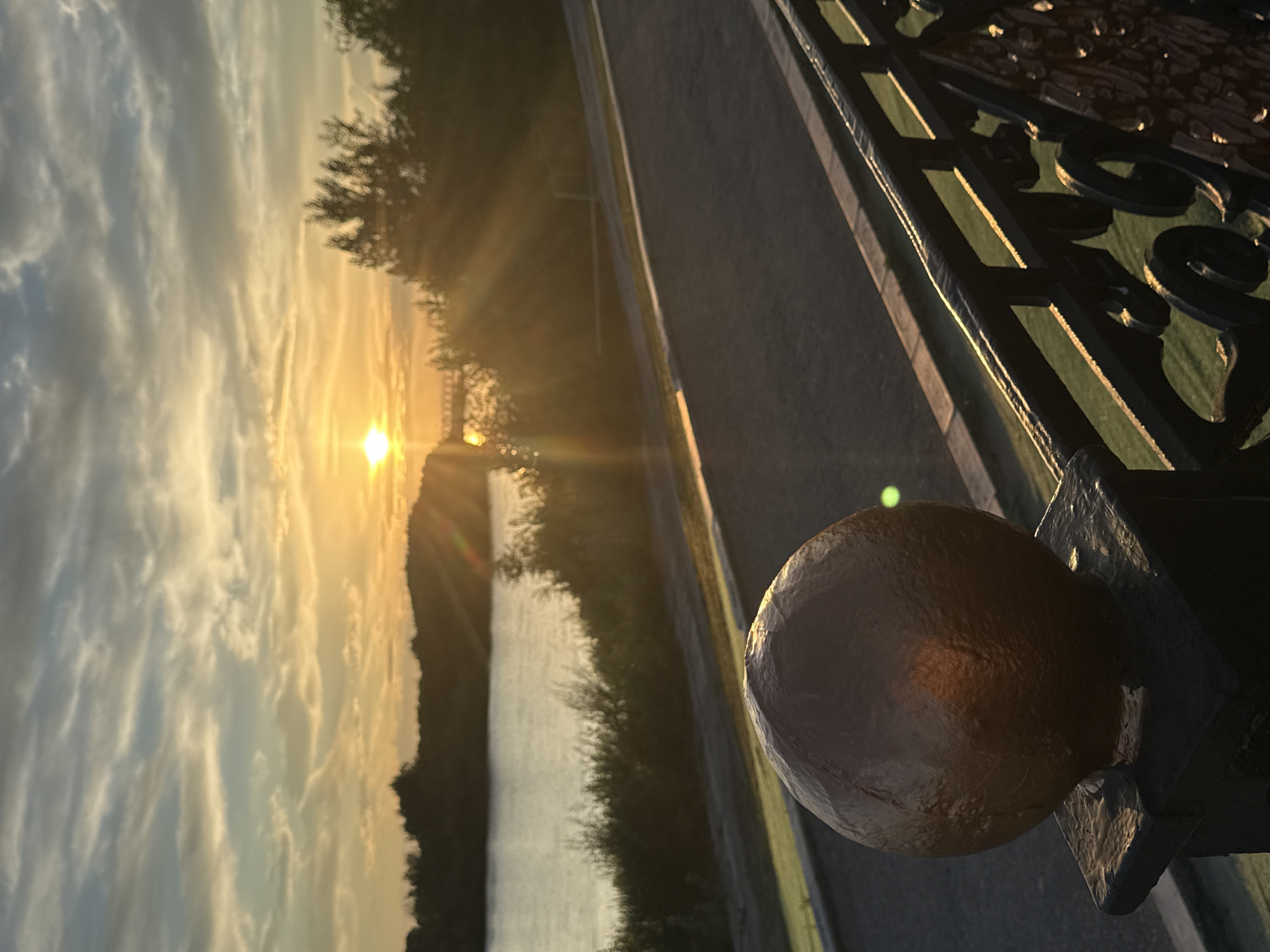 The image depicts a serene landscape at sunset, captured in Pavlodar, Kazakhstan. The sun, a bright orb in the sky, casts golden rays across a cloudy sky, illuminating a body of water with a forested bank. The water reflects the sky's warm hues, creating a tranquil and almost ethereal atmosphere.
In the foreground, a decorative metal railing with intricate patterns lines a paved walkway. The railing is dark, with hints of green showing through the design, and it catches the light from the setting sun. A prominent, spherical finial, made of a textured, metallic material, stands out on the railing, partially obscuring the view of the scene beyond. The finial appears weathered, adding a touch of character to the foreground.
The overall impression is one of peaceful contemplation, with the warm light of the setting sun creating a beautiful, almost magical ambiance. The scene suggests a public space, possibly a park or a promenade overlooking the water, where one might go to enjoy the natural beauty of the day's end. There is no visible text in the image.