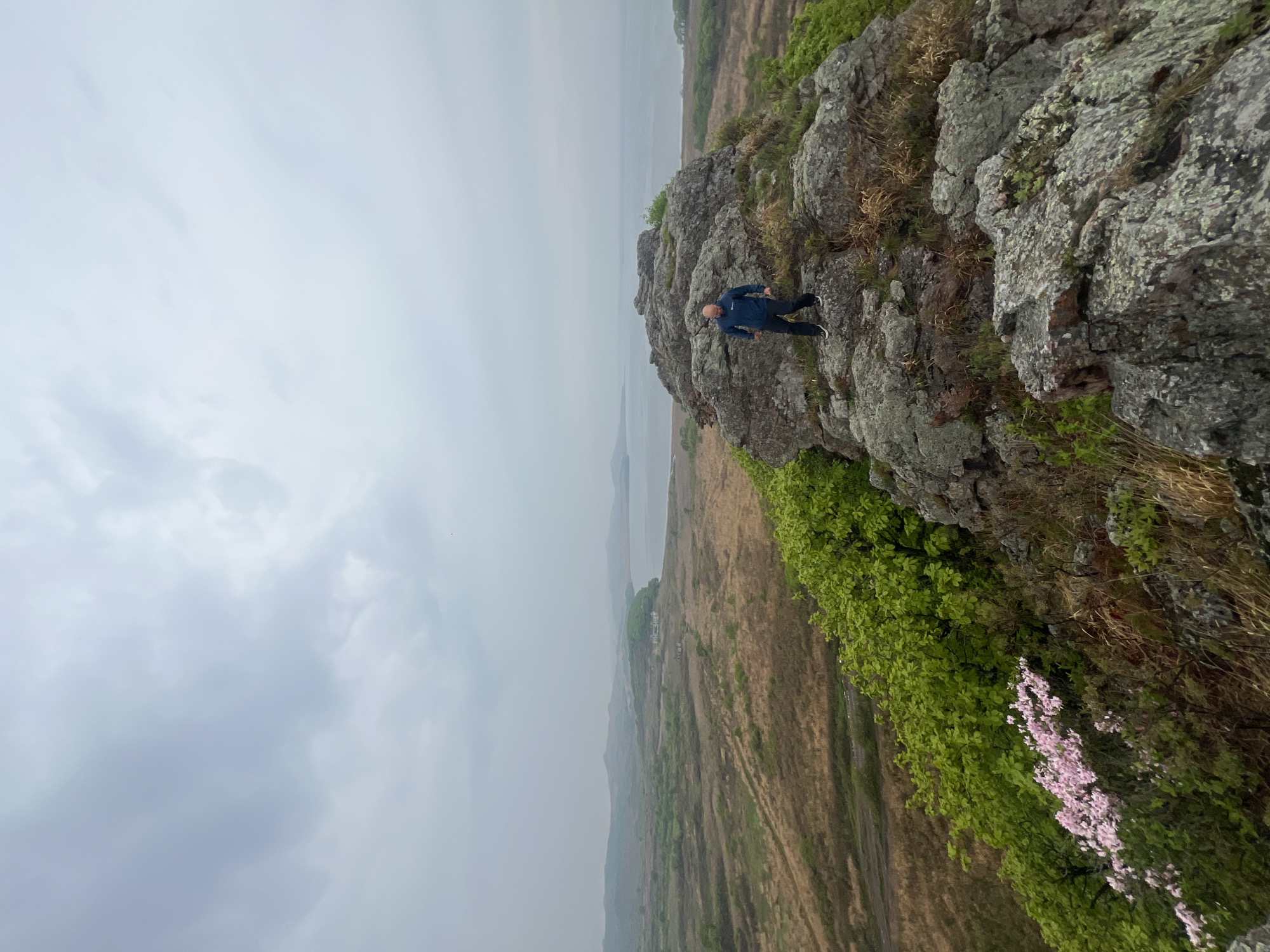 A wide, slightly tilted, outdoor shot shows a man in dark clothing standing on a rocky outcropping. The environment is overcast, with the sky taking up the majority of the left portion of the image. In the center of the image, a body of water extends into the distance. The ground below the rocks is a mix of brown fields, green vegetation, and patches of pink blossoms. The man, bald, is wearing a blue jacket and dark pants. He stands on the edge of the rock formation, facing toward the center of the frame. The shot may have been taken near Gvozdevo, Russia.