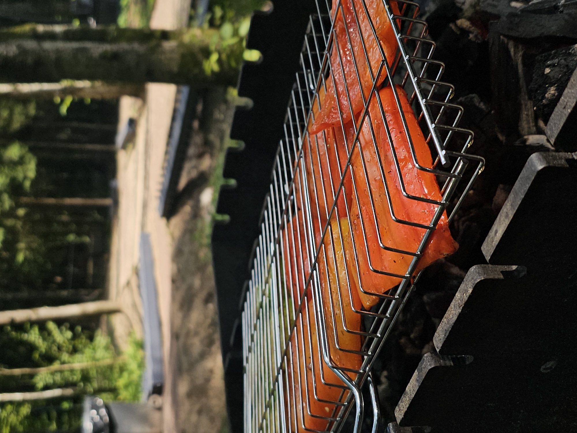 In Romashkovo, Russia, an outdoor barbecue features a grill basket filled with vibrant orange bell pepper slices cooking over hot coals. The basket, made of chrome, rests on a black metal grill. The background is blurred, showing a natural environment with trees and foliage, suggesting a park or wooded area. The lighting indicates it is daytime.
