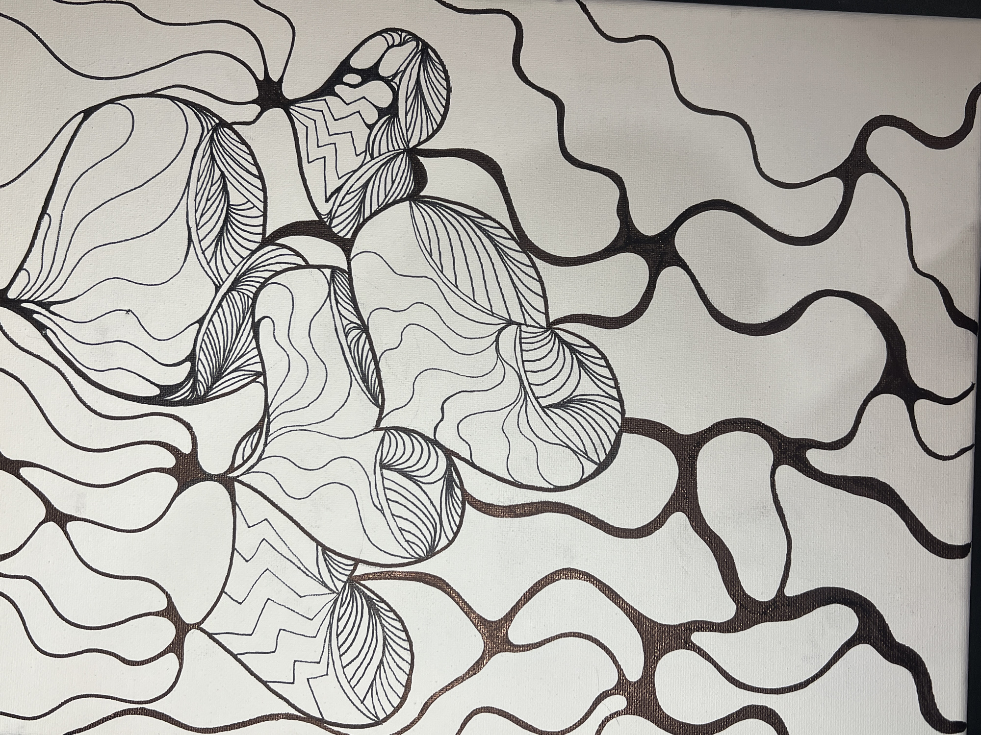 This media file features an abstract, monochromatic drawing rendered on a textured white surface, likely a canvas. The artwork primarily consists of intricate black lines forming organic, flowing shapes and a network-like structure.
The subjects are abstract forms, some resembling leaves, cells, or intertwined natural elements. A prominent feature is a web of thicker, dark, undulating lines that traverse the entire image, connecting various points and enclosing irregular white spaces. Within these enclosed spaces, and branching off the main dark lines, are several distinct shapes filled with finely detailed patterns. These patterns vary, including sets of parallel wavy lines, zigzag designs, and curved, feather-like strokes, all executed in thinner black lines. The interplay between the solid, dark network and the intricately patterned shapes creates a sense of depth and complexity.
No specific activity or event is taking place, as the image is a static piece of artwork.
Notable details include the stark black and white contrast, which highlights the detailed linework. The thicker connecting lines appear to have a slightly glossy or metallic sheen, especially noticeable in certain areas, suggesting the use of a particular type of paint or ink that reflects light. The overall composition is dynamic and visually engaging, drawing the viewer's eye across the various patterns and connections. There are no discernible time of day, weather, location cues, or emotions conveyed by the abstract nature of the piece. No visible text is present in the image.
The provided location context of "Ильинская Поляна Снт, Russia" does not relate to the content of this abstract drawing.