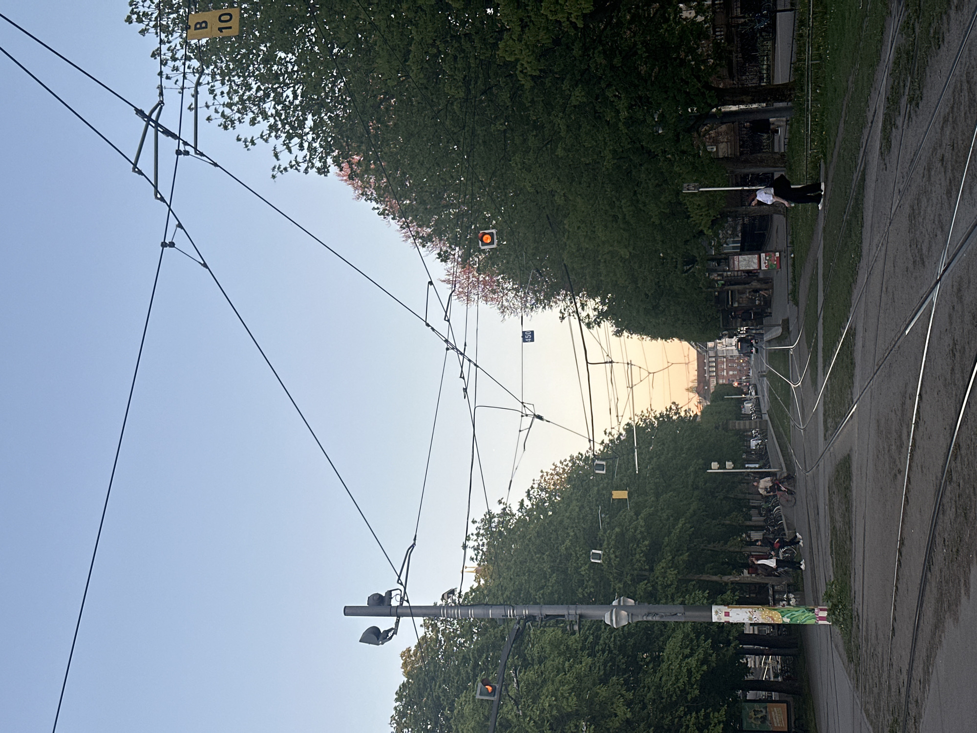 The image depicts a street view in Strasbourg, France, characterized by overhead tram lines dominating the sky. A street runs between rows of trees, with tram tracks visible on the ground. Along the street, people are walking or cycling. A person dressed in white and black stands near the curb. The street is lined with parked bicycles and parked vehicles. The sky is a pale blue. The street light is a gray metal post.