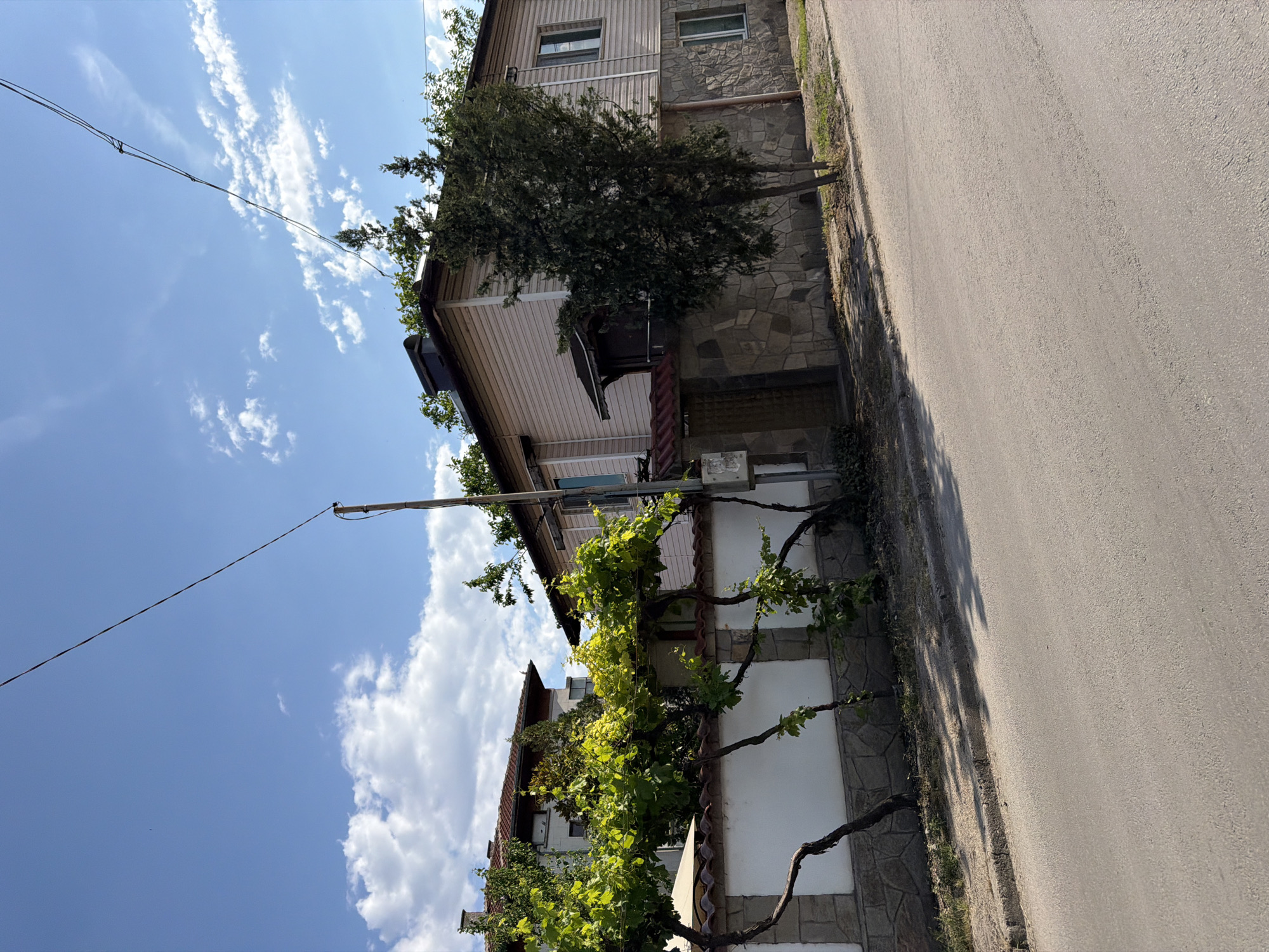 The image shows a street view with a two-story building on the left and a paved road on the right. The building has a lower section clad in white stucco and stone, and an upper section with light-colored siding. Windows are visible on both levels. A mature tree with dark green foliage grows next to the building. A vine with bright green leaves is trained along the side of the building. Electrical wires are strung across the sky. The sky is blue with scattered white clouds. The sun appears to be shining, casting shadows on the road. The scene is likely set in a residential area. No people are visible in the image. The image appears to be taken outdoors during the daytime. The location is identified as Plovdiv, Bulgaria.