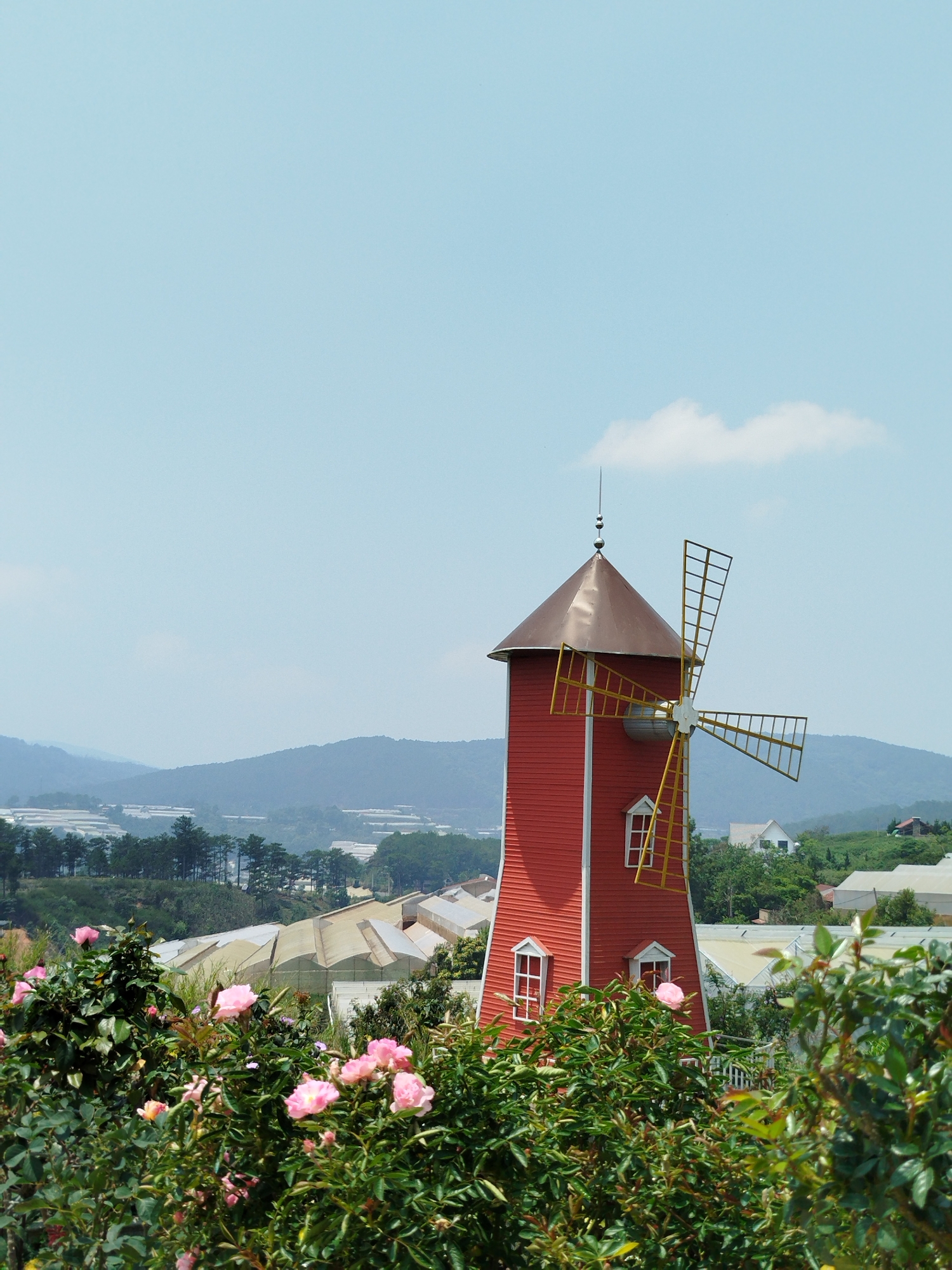 A medium shot of a red windmill with a bronze roof set against a blue sky with a few clouds. The windmill has yellow grid-like blades and white-trimmed windows. The surrounding landscape features rolling hills in the background and a foreground filled with green bushes and pink roses. In the middle ground, structures resembling greenhouses or low buildings are visible. The location is Lang Biang - Đà Lạt, Vietnam.