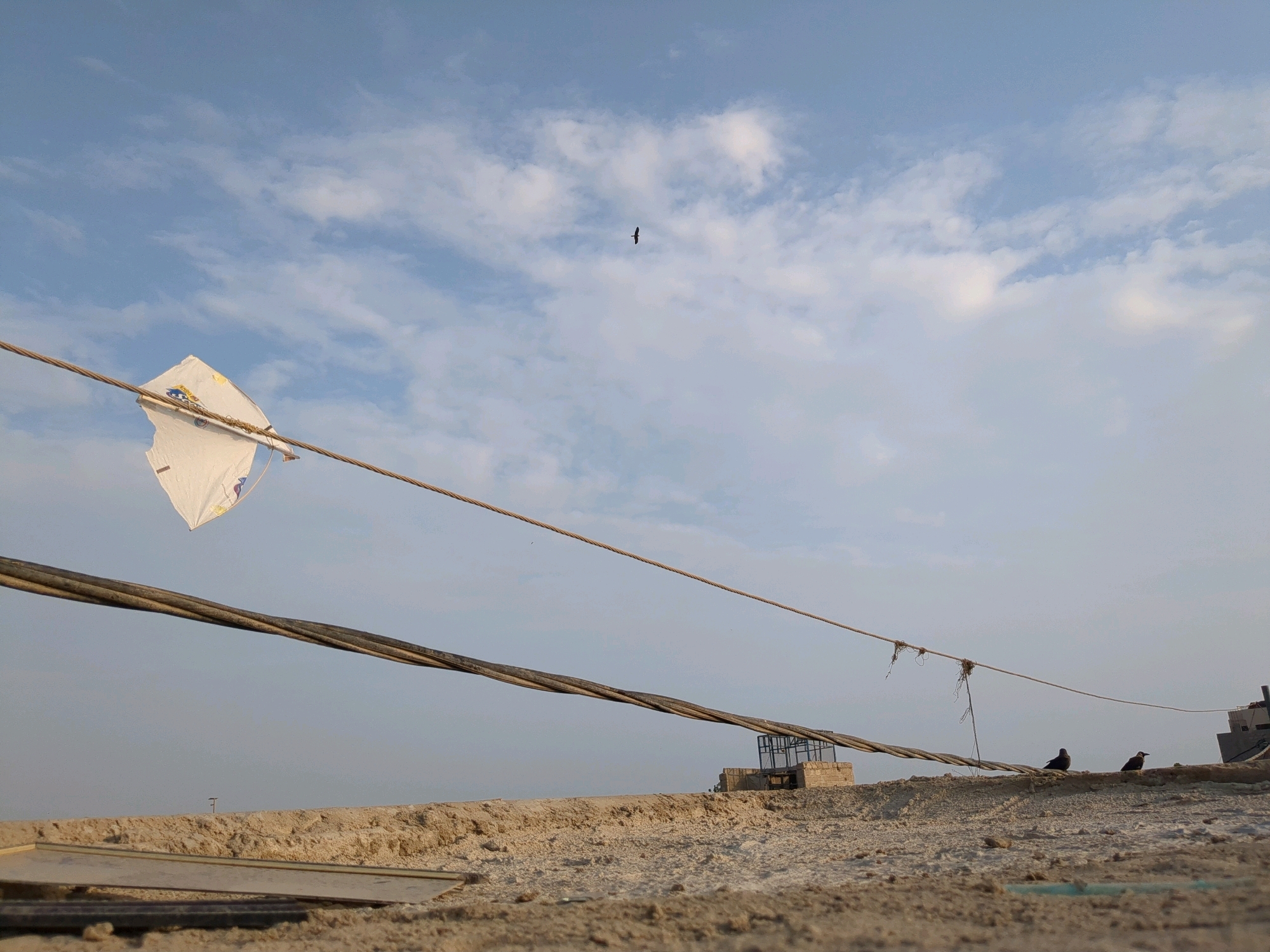 The image depicts an outdoor scene, likely on a rooftop, in the city of Karachi Division, Pakistan. The foreground is dominated by a sandy or dusty surface with some debris, including a flat, rectangular object and scattered pebbles. Two birds are perched on a raised ledge in the midground, to the right of the frame. A kite, white with some yellow and blue markings, is visible in the upper left quadrant, suspended from a thick cable that stretches diagonally across the image. Another, thinner cable runs parallel to it above. In the distance, a small structure with a metal cage-like top is visible. The sky above is a pale blue, with scattered white clouds. A single bird is in flight high in the sky. The overall impression is of an urban or semi-urban environment, possibly in a somewhat desolate or undeveloped area.