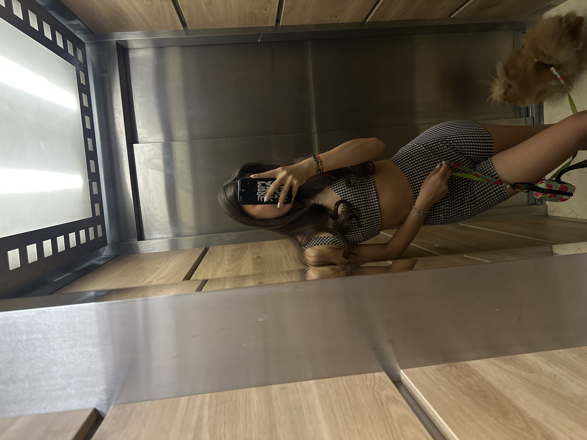 A young woman with long, dark hair is taking a selfie in an elevator. She is wearing a black and white checkered crop top and matching shorts. In her right hand, she holds her phone, which is angled to capture her reflection. She is also holding a leash attached to a small, fluffy brown dog, which is standing to her right. The elevator walls are a mix of stainless steel and wood paneling. Above, the ceiling features fluorescent lighting.