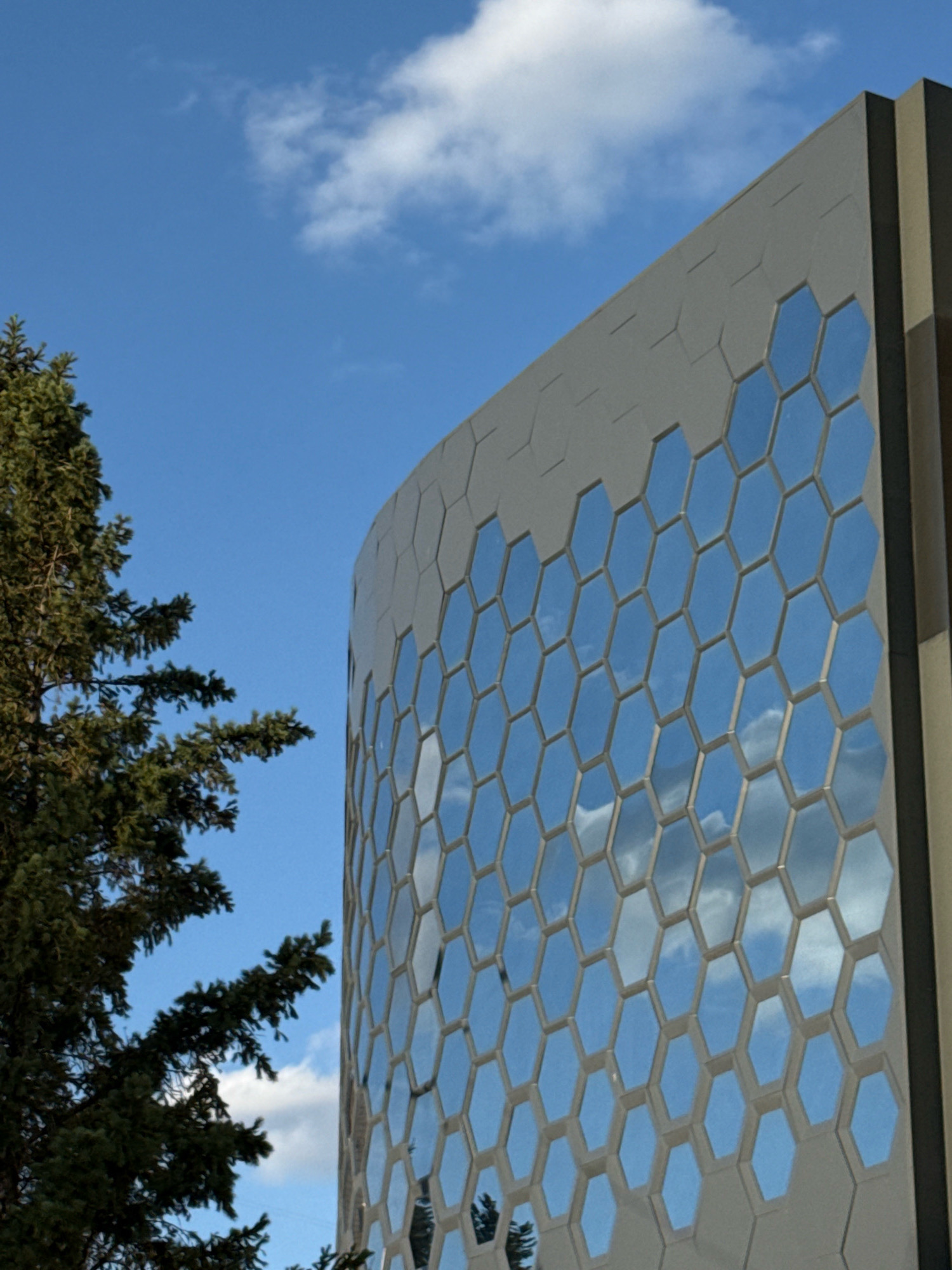 A tall, modern building with a hexagonal facade stands against a bright blue sky with scattered white clouds. The facade is composed of numerous hexagonal windows that reflect the sky and clouds, giving the building a textured, honeycomb-like appearance. To the left of the building, a dark green coniferous tree branches out, its needles silhouetted against the sky. The scene appears to be an exterior view of a building in an urban environment, possibly a commercial or public structure, under clear daytime conditions.