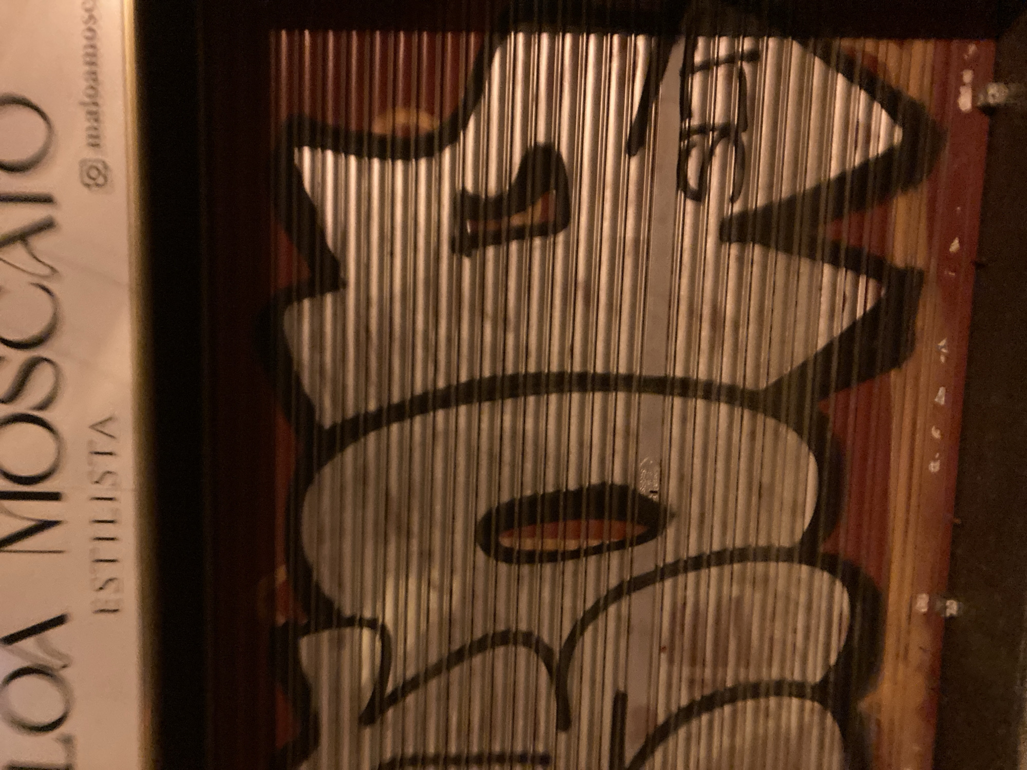 The image shows a close-up of a metal roll-up door graffiti, with large, stylized lettering in black and white, partially obscuring the corrugated surface. The graffiti appears to spell out "BORS". Above the graffiti, the words "LOA MOSCATO ESTILISTA" are visible in a lighter font, and a small Instagram logo with the handle "maloamosc" is present. The bottom of the image reveals a dark, wet pavement, suggesting an outdoor urban setting at night. The lighting suggests artificial illumination. Based on the visible text and the distinctive style of graffiti commonly seen in the city, this scene is likely located in Barcelona, Spain, possibly on a commercial establishment's storefront.