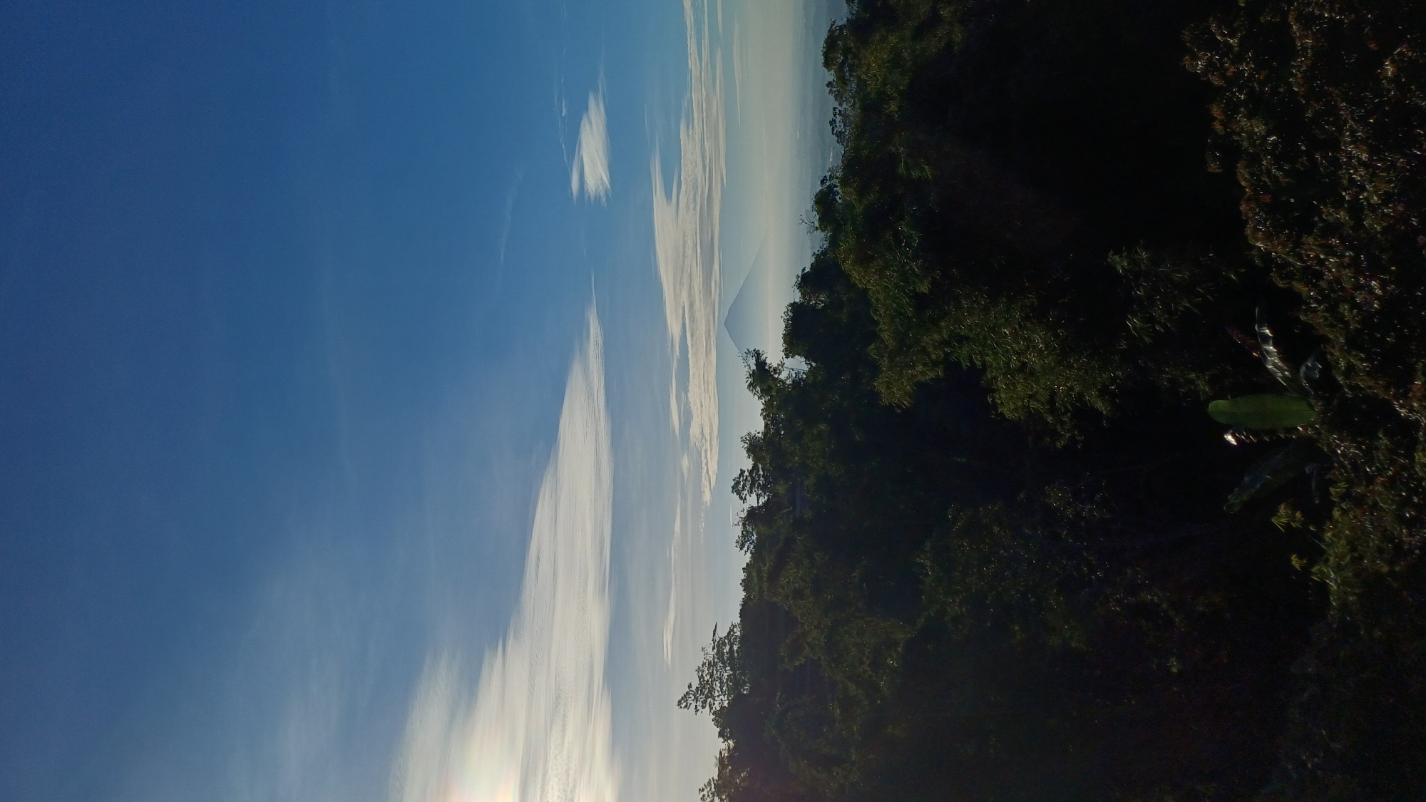 The image shows a daytime view from Baturiti, Indonesia, with a blue sky partially covered by elongated white clouds. A mountain peak is visible in the distance, obscured by a light haze. Lush, dark green foliage, likely part of a forest or dense vegetation, occupies the right side of the frame. Some specific plants appear in the lower right corner. No people or animals are visible. The lighting indicates it is likely morning.
