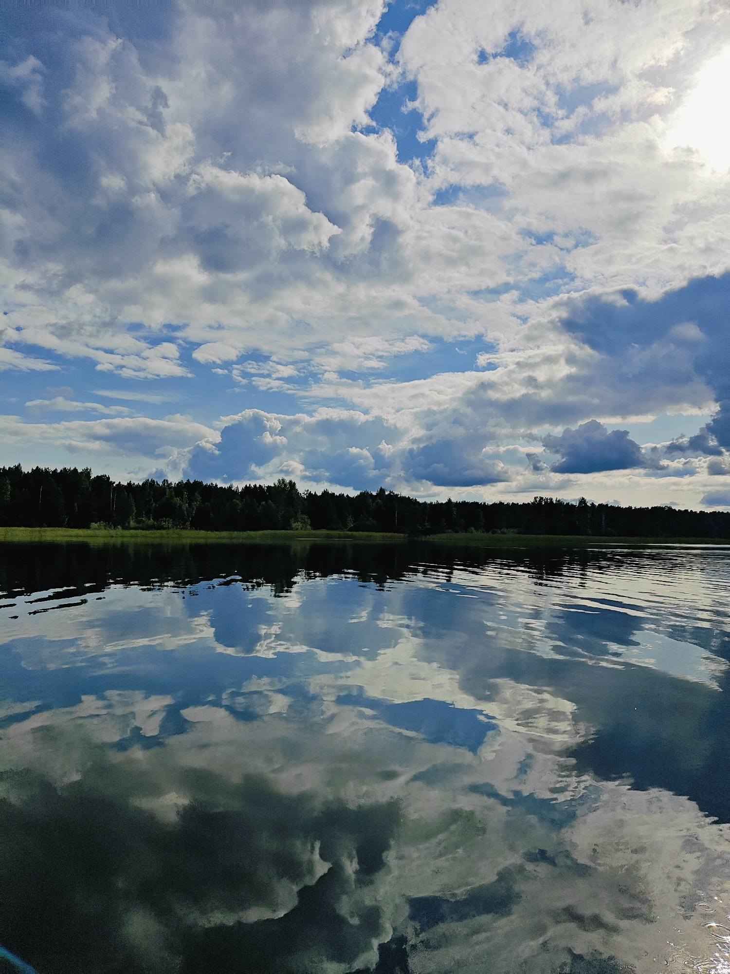 The image depicts a serene, wide-angle view of a body of water, likely a lake or river, with a dense line of dark green trees forming a horizon in the background. The sky above is filled with dramatic, voluminous clouds, varying in shades of white and gray, with patches of bright blue visible between them. Sunlight is breaking through the clouds on the right side of the frame, creating a luminous effect. The water's surface is relatively calm, reflecting the sky and the trees with remarkable clarity, creating a mirrored effect of the upper half of the image. There are subtle ripples on the water, particularly noticeable towards the bottom right, where the sunlight catches the surface, creating small glistening spots. The overall scene conveys a sense of natural tranquility and expansive beauty. The location is identified as Chaykovsky, Russia, suggesting a natural landscape within or near the city. There are no people or animals visible in the frame.
