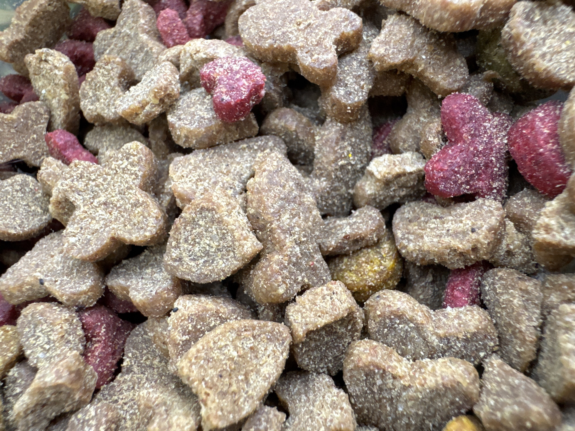 The image is a close-up, overhead shot of a pile of dry dog food kibble. The kibble pieces are small and varied in shape, with some appearing to be bone-shaped and others more rounded or irregularly shaped. The majority of the kibble is a light brown or tan color, with a granular texture, suggesting they are coated in a seasoning or flavoring. Interspersed among the brown kibble are some pieces of a bright pink or magenta color, also with a granular texture. A few flecks of yellow or orange kibble are also visible. The lighting is even, and the focus is sharp throughout the pile, showing the detailed texture of each piece. There is no indication of a location in Chervonyi Step, Ukraine, or any environmental context beyond the pile of dog food itself. The image does not contain any people, actions, or interactions.