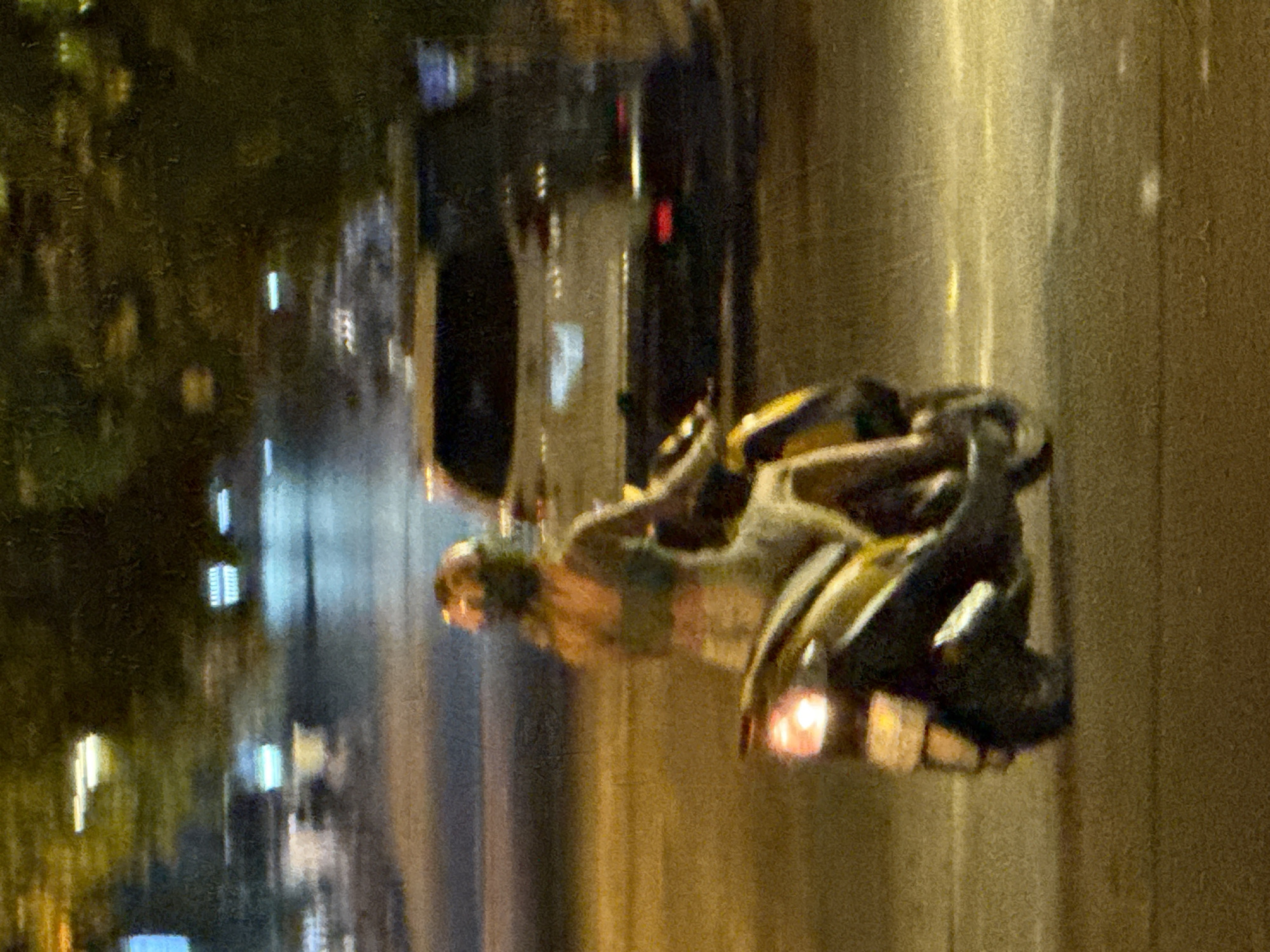 The image depicts a nighttime scene in Bac Nha Trang Ward, Vietnam. A person is riding a motorcycle on a paved road. The rider is wearing a helmet and appears to be in motion. The motorcycle is dark in color with some yellow accents and has illuminated taillights. The background features trees with foliage on the left side, and a blurry, indistinct urban environment with artificial lights on the right. The lighting suggests it is nighttime, and the overall atmosphere is somewhat blurry, possibly due to low light conditions or motion. There are no visible text elements in the image. The scene appears to be a typical street view at night in a Vietnamese city.