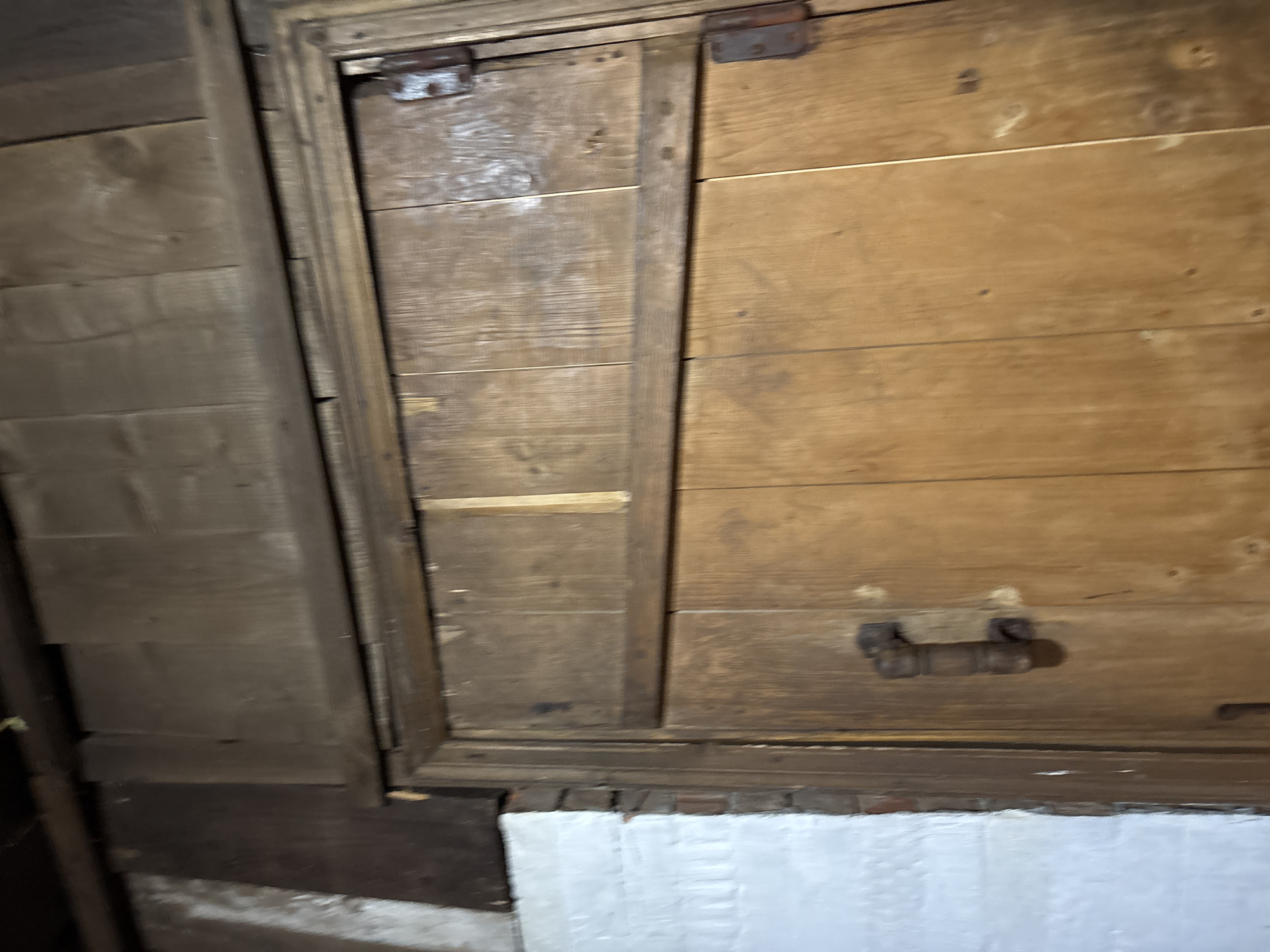 A low-angle, indoor shot shows a wooden structure with two doors, likely a cupboard or storage space. The doors are constructed from horizontal wooden planks, with noticeable hinges and a simple latch or handle on the right door. The wood exhibits an aged appearance, with varying tones and textures. A white, textured surface is visible at the base of the structure. The location within the city of Ферма, Russia is unknown.