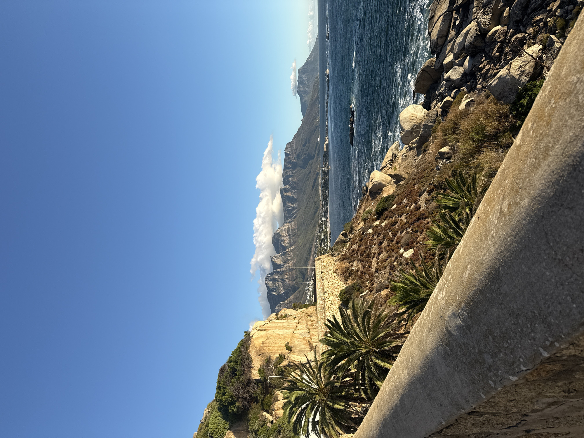The image captures a panoramic view of the coastline near Cape Town, South Africa. A concrete wall dominates the foreground, angling upwards from the lower right corner.
On the left, a clear blue sky contrasts with the rocky cliffs along the coastline. Mountains line the distant horizon, partially obscured by clouds. Closer to the coast, there are patches of greenery with palm trees. To the right, the ocean meets a rugged shoreline of rocks and vegetation.
