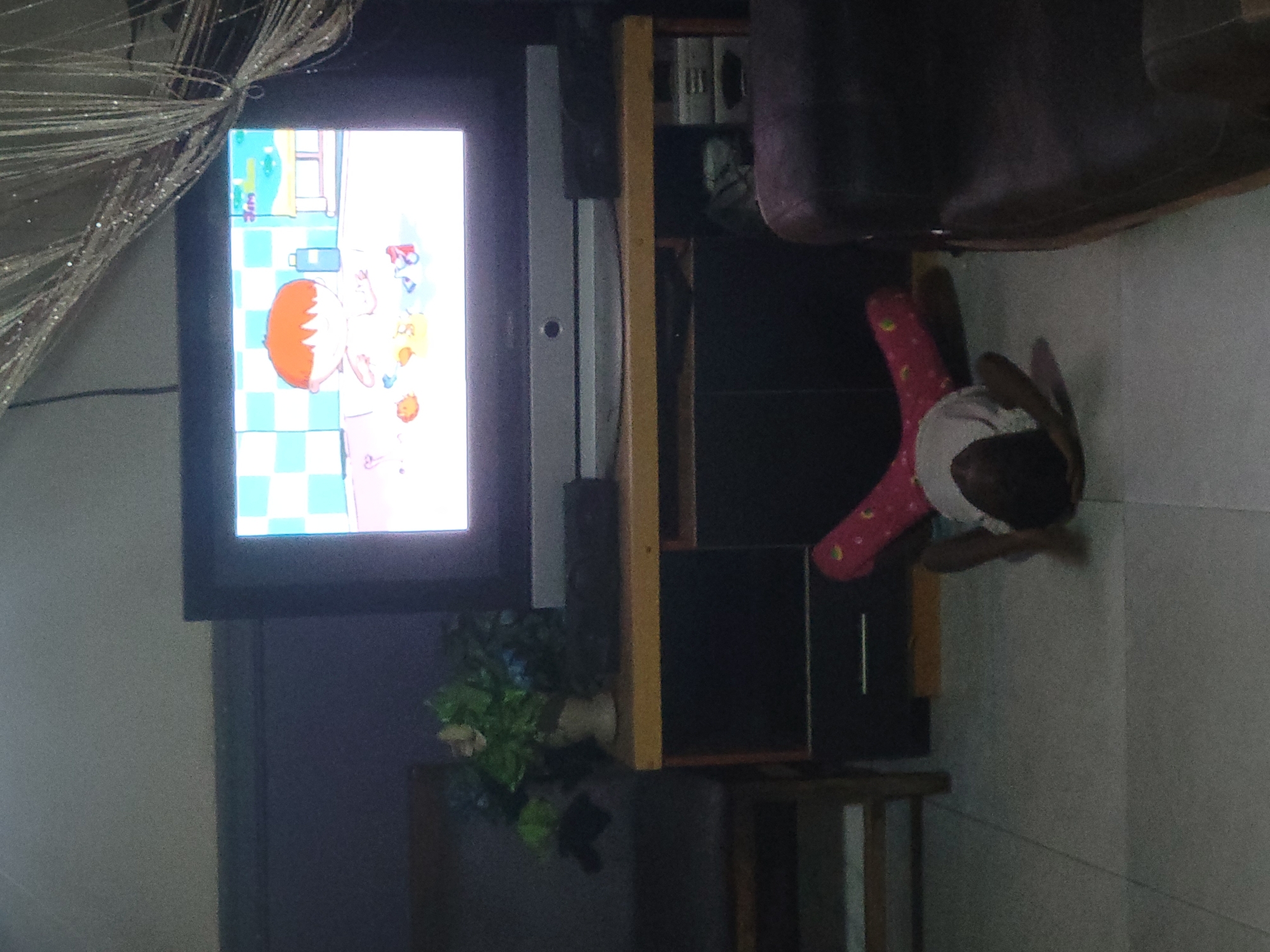 A television displays a cartoon. Near the television, a child lies on the floor. A plant is on the table. Location is unknown.