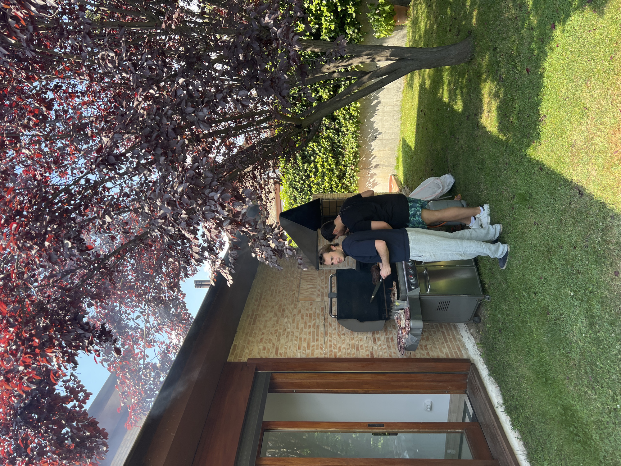 Outdoors, two people are standing at a stainless-steel gas grill on a lawn in front of a brick wall of a building. One person wears gray sweatpants and a dark blue shirt and is using a spatula on the grill. The other person wears green patterned shorts and a black shirt. A large tree with red leaves provides shade. There is another tree in the background and a section of concrete wall with a small amount of plants. The building has a sliding glass door with a dark brown wooden frame. There is visible smoke from the grill. The exact location in Madrid, Spain, cannot be determined from the image.