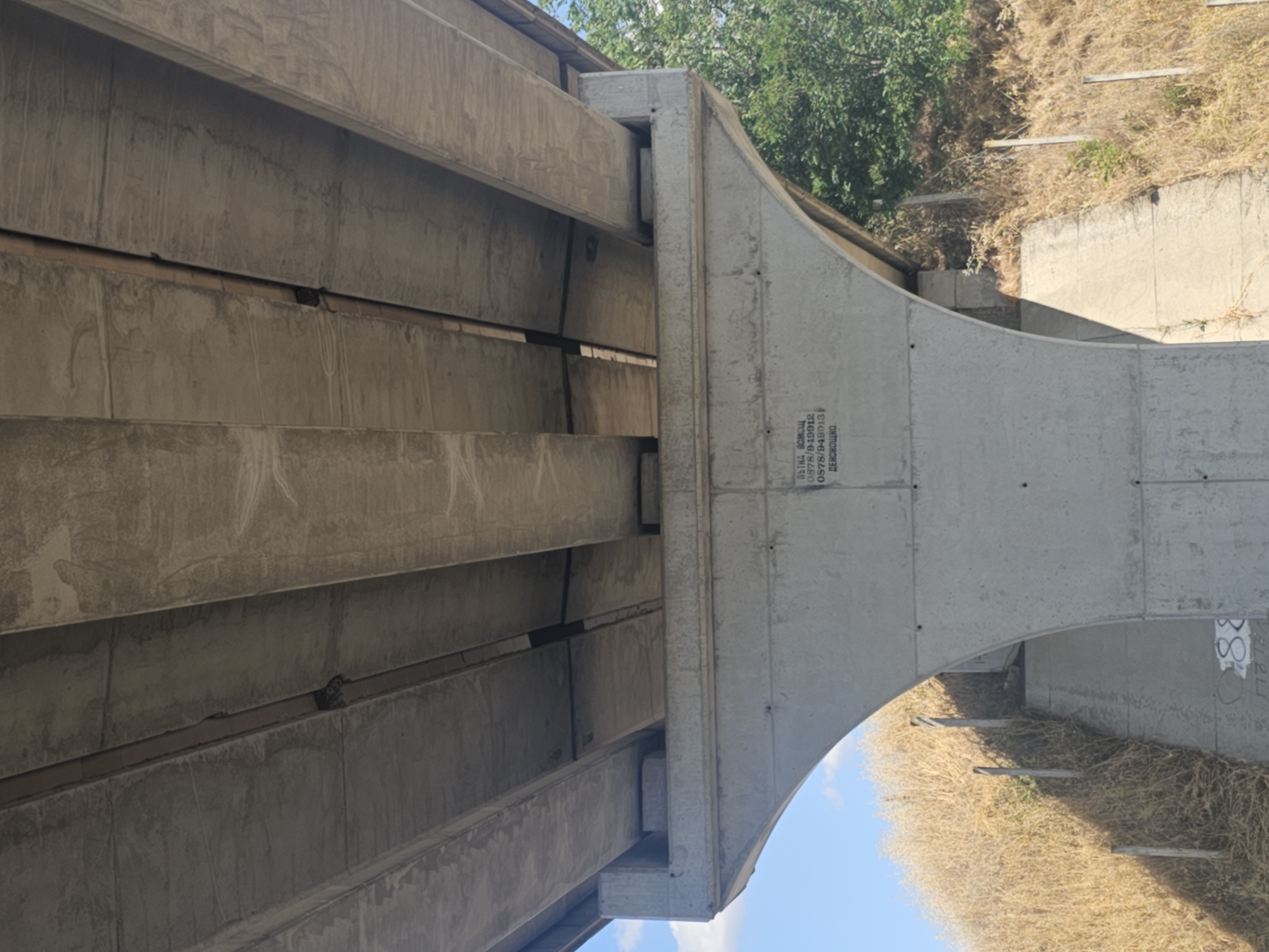 The image shows the underside of a concrete bridge structure. Multiple parallel concrete beams are visible, running horizontally and supported by vertical concrete elements. The beams appear to be stained and weathered, with some streaks and discoloration.
On the right side of the image, a large, curved concrete structure forms an arch. This structure has some faint markings and text on its surface. The text appears to be in Cyrillic script and includes numbers such as "0578/94912" and "0578/94913". Below this, some text is barely legible but seems to be "ДЕИСТЬОШЖО". Further to the right, a circled "88" is visible.
The setting appears to be outdoors, with a dry, grassy embankment visible behind the concrete structures. Some vegetation, including green trees and dry grass, is present on the embankment. The sky is visible in the lower right corner, suggesting it is daytime and the weather is clear. The lighting indicates the sun is shining, casting shadows from the bridge elements. There are no people or animals visible in the image. The scene conveys a sense of infrastructure and the natural environment. The presence of construction markings suggests ongoing or past work on the bridge.