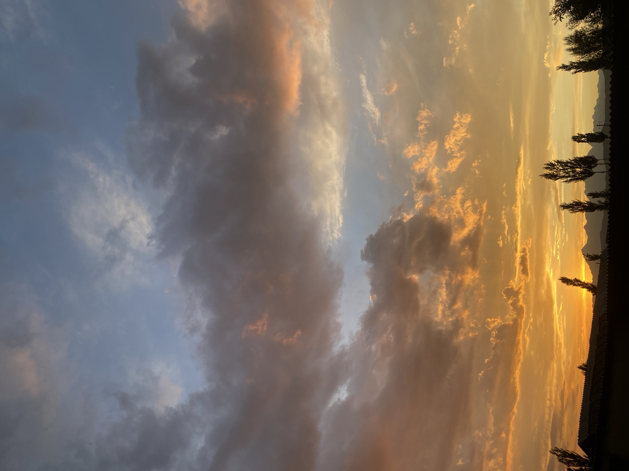 The media file is an image depicting a dramatic sunset. The sky is filled with a variety of clouds, ranging from dark, heavy formations to wispy, illuminated streaks. The colors in the sky are a spectrum of blues, grays, oranges, and yellows, with the brightest hues concentrated towards the horizon. The sunset casts a warm, golden glow on the clouds, creating a beautiful and somewhat ominous atmosphere.
In the foreground, silhouetted against the vibrant sky, are several trees and a dark, horizontal structure that appears to be a rooftop or a wall. The trees are thin and bare, with distinct branches reaching upwards. In the far distance, faint outlines of mountains are visible. The overall impression is one of a natural landscape at the end of the day, with the dramatic play of light and shadow evoking a sense of awe and perhaps melancholy. The time of day is clearly sunset or dusk due to the intense colors and the low angle of the sun, which is not directly visible but implied by the lighting. The weather appears to be dynamic, with both stormy-looking clouds and clear patches allowing the sunlight to penetrate. There is no visible text in the image.