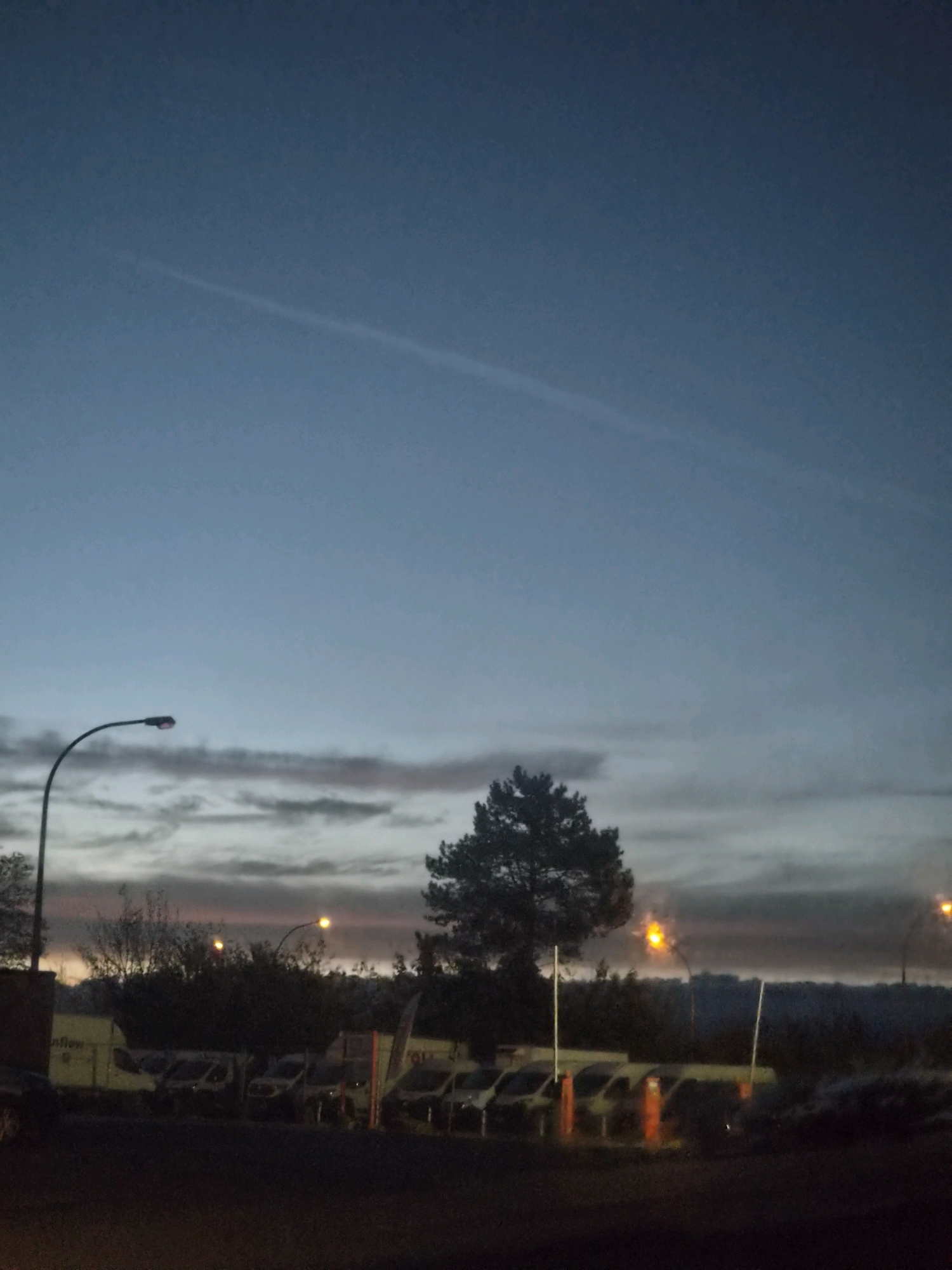 The image depicts a dusk scene in the city of Leudelange, Luxembourg. The sky is a gradient of deep blue to lighter hues, with a faint contrail streaking across the upper portion. In the mid-ground, a large, dark evergreen tree stands prominently. A streetlamp with its light on is visible on the left side of the frame, casting a reddish-orange glow. Below the tree and streetlamp, a row of parked vehicles, appearing to be vans and cars, are dimly illuminated. Some of these vehicles have company names or logos visible, such as "Inflow" on a white van. The scene is set against a backdrop of silhouetted trees and what appears to be a distant, dark treeline or hillside. The foreground is dark, suggesting it is a road or parking lot. The overall atmosphere is calm and serene, indicative of the twilight hours.