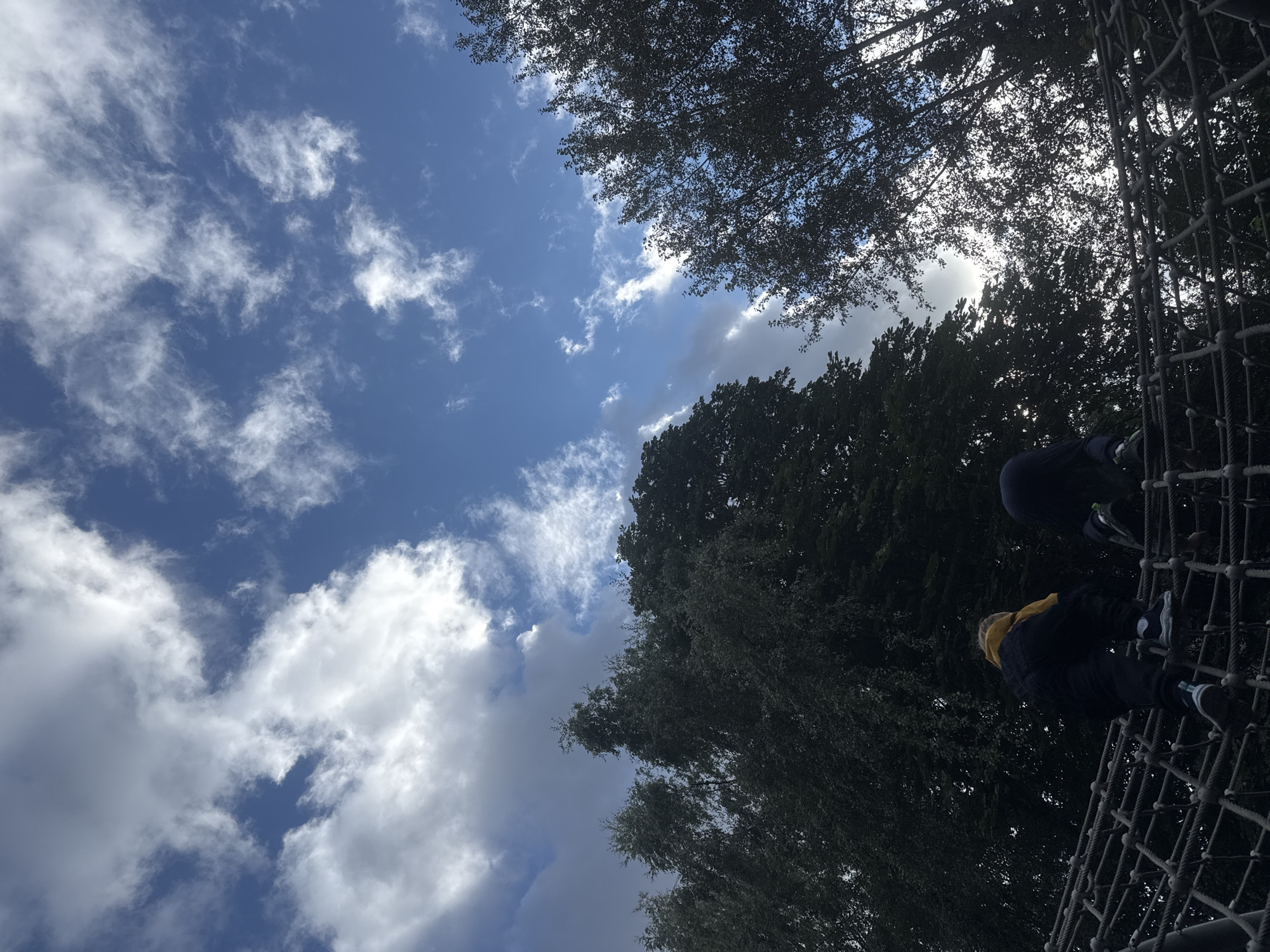 The image shows two children climbing a rope net structure. The child in the foreground is wearing a yellow hooded jacket and dark pants, with dark shoes. The second child is further back and is wearing dark clothing. They are on a rope net, which appears to be part of a playground or adventure park. Above them, the sky is visible with scattered white and gray clouds against a blue sky. Silhouetted against the sky are the dark green canopies of trees. The overall impression is that of children playing outdoors on a partly cloudy day. The location is not specified in the image, so it cannot be determined to be in Sovkhoza imeni Lenina, Russia.