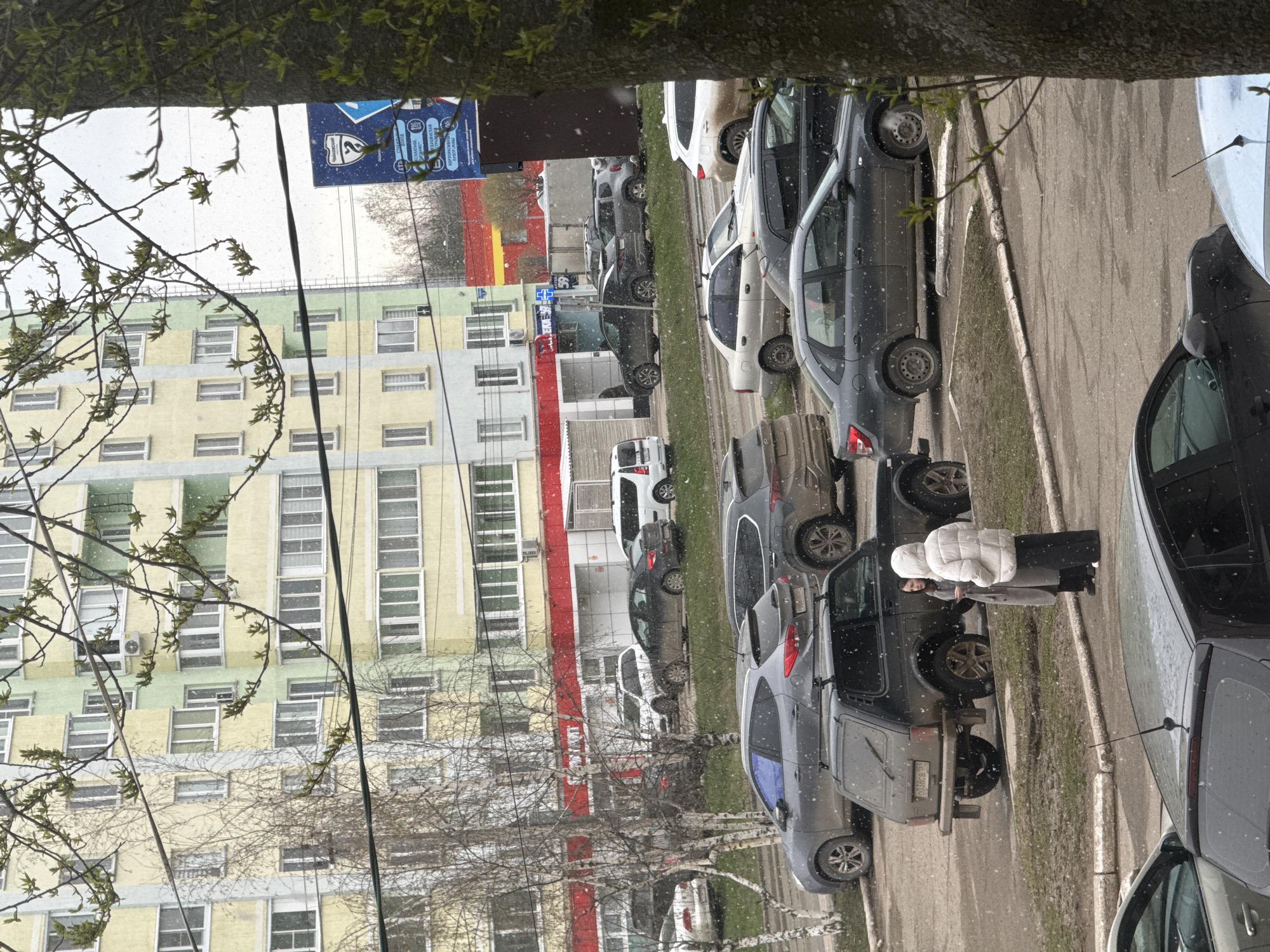 The image depicts a street scene in Chaikovsky, Russia on a day with light snow. The view is from a window, with tree branches in the foreground. An apartment building with light yellow and green exterior paint dominates the left side of the frame. A row of parked cars extends along the right side of the street. A woman in a white puffer jacket and a gray coat is standing between two of the cars. A sign for a business or service is visible above the building. The street is paved and lined with curbs.