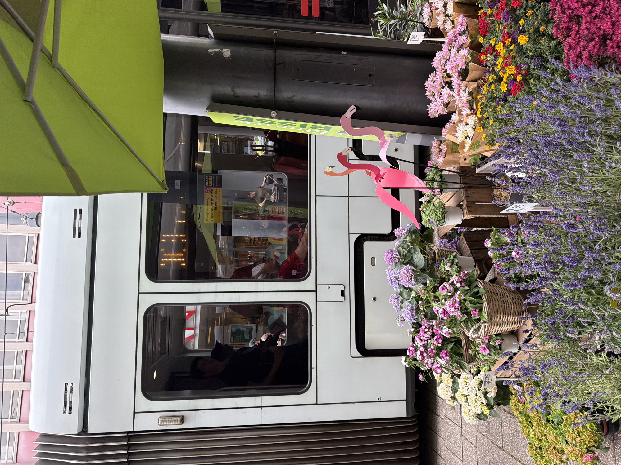 The image captures a street scene in Witten, Germany, likely on a commercial street given the presence of a flower stand and a tram. A white articulated tram is parked alongside a sidewalk, its doors open and passengers visible through the windows. A person is standing in one of the open tram doors. In the foreground, a vibrant flower stand displays a variety of potted plants and bouquets. Lavender, hydrangeas, and other colorful flowers are arranged in wicker baskets and wooden crates. Two pink flamingo garden ornaments stand near the tram. A large green umbrella is partially visible on the right side of the image, suggesting an outdoor seating area or a vendor's stall. A dark gray pillar is positioned behind the flower stand. The building in the background appears to be a multi-story structure with windows.