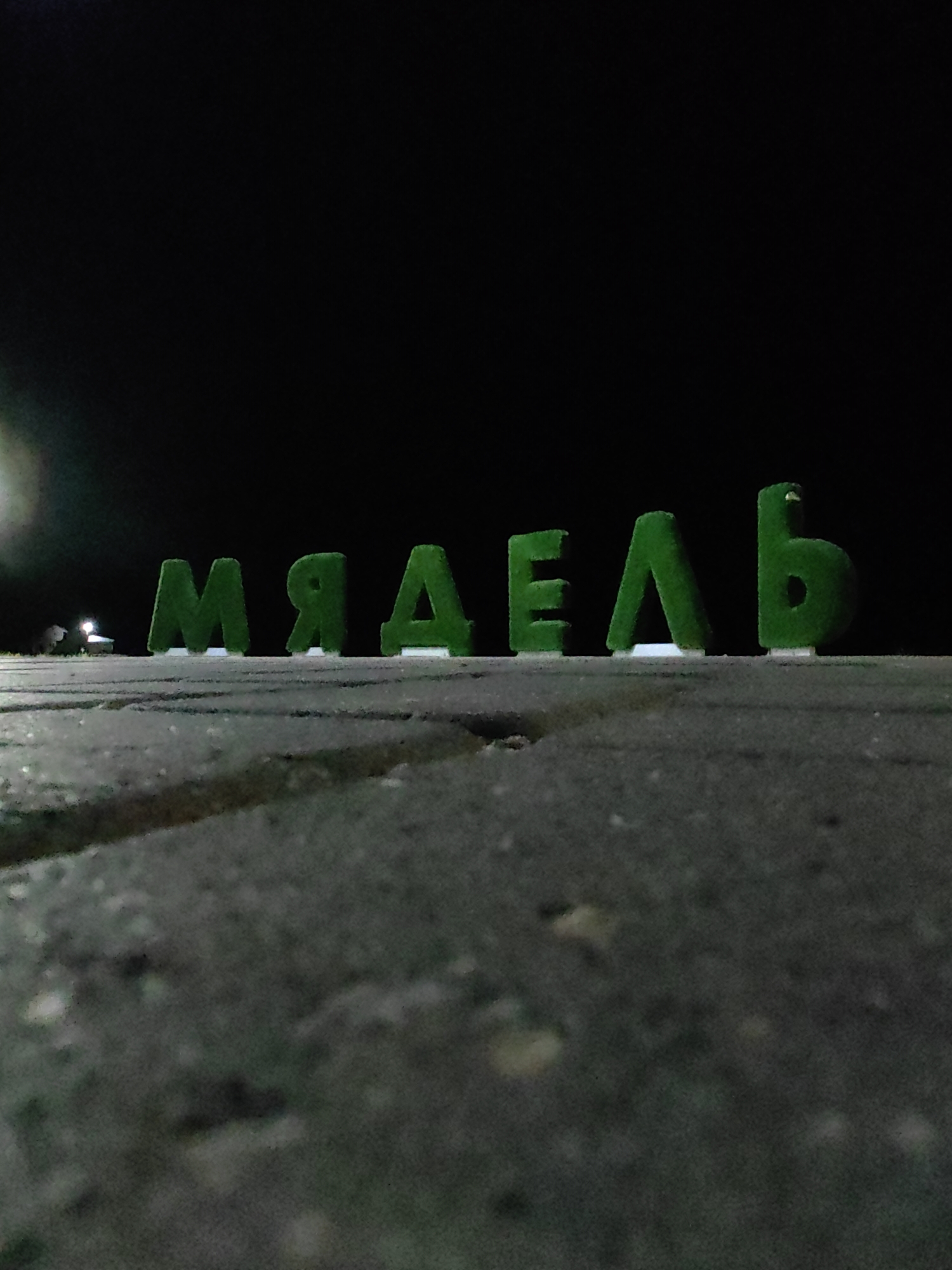 The image shows large, green, fuzzy letters spelling "МЯДЗЕЛЬ" on a dark background. The letters are positioned on a concrete surface, likely outdoors at night, given the darkness. The ground appears to be paved with grey concrete slabs, and there are some faint lights in the background. The letters are clearly visible and stand out against the dark environment. The word "МЯДЗЕЛЬ" refers to the town of Myadzyel, Belarus.