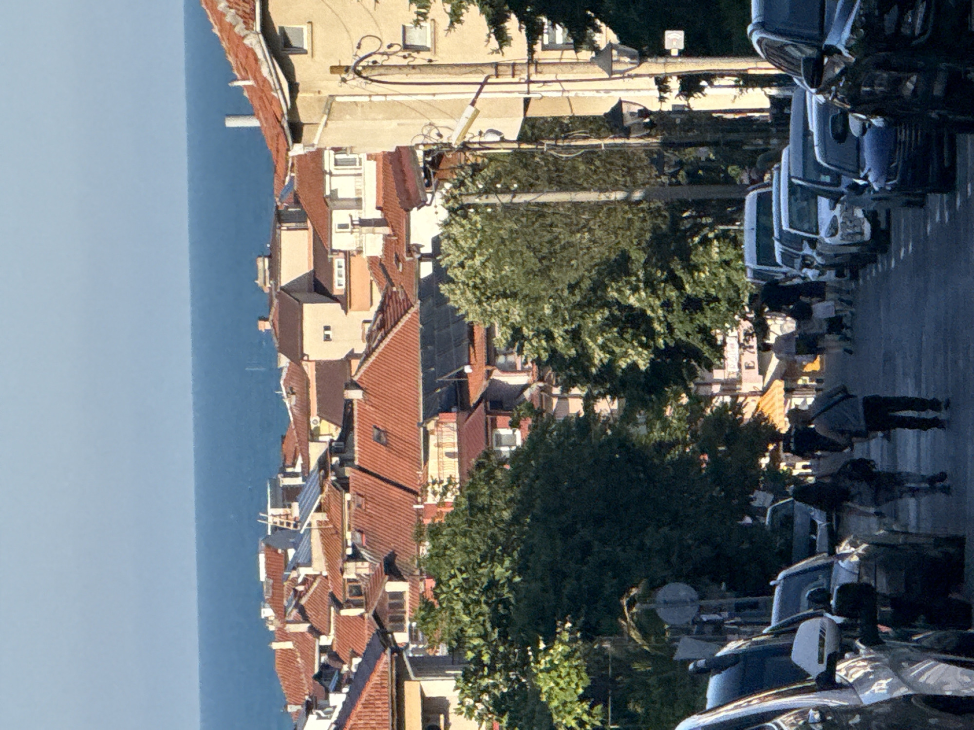 This is a vertically oriented, low-angle photograph of a street scene in Sozopol, Bulgaria. The scene overlooks a body of water, likely the Black Sea, to the left and a street lined with buildings and trees to the right. The buildings are predominantly residential with red tile roofs. Several trees with dense green foliage are interspersed among the buildings.
On the street, several vehicles are parked. These include what appear to be minivans or passenger vans, and possibly some cars. A few people are visible walking on the sidewalk or near the parked vehicles. One person is walking in the foreground, and a few others are further down the street. The people appear to be dressed casually.
The time of day appears to be afternoon or early evening, given the shadows cast by the buildings and trees. The weather seems clear and sunny. The overall atmosphere is one of a quiet, everyday street scene in a coastal town. There is no visible text in the image.