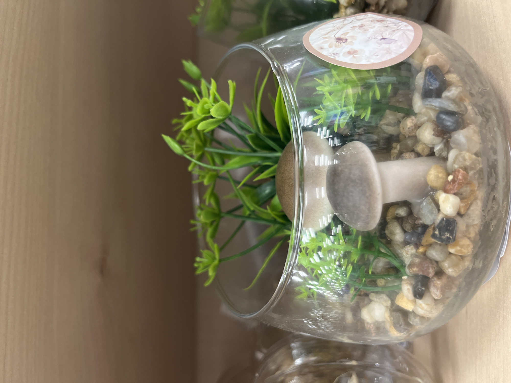 A decorative glass terrarium containing artificial greenery, pebbles, and two mushroom figurines is displayed on a wooden shelf. A circular sticker with a floral pattern is affixed to the side of the terrarium. The terrarium is part of a retail display, likely in a shop or home goods store. The background consists of a wooden shelf and other retail items. The image does not depict any elements that place it specifically in Kohtla-Järve linn, Estonia.