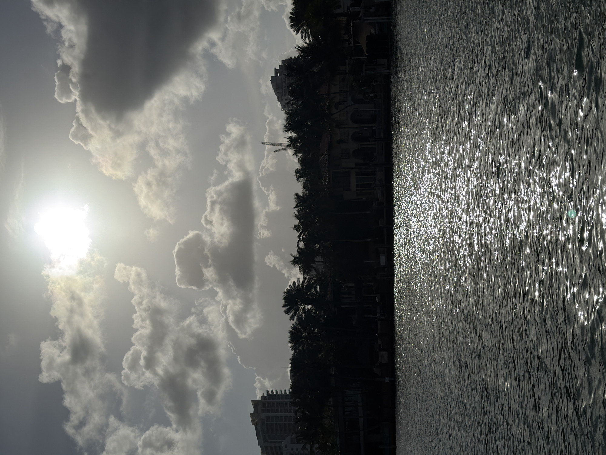 The image presents a waterfront scene, likely in Bal Harbour Village, Florida. The right side of the image is dominated by a body of water, possibly the Intracoastal Waterway, with shimmering reflections of sunlight off the surface. On the opposite bank, a silhouette of palm trees and buildings is visible, indicating the location of residential or commercial properties. The sky is overcast with clouds and the sun is shining. A construction crane is silhouetted amid the foliage and buildings. The lighting suggests either early morning or late afternoon. The buildings closest to the water’s edge are obscured in shadows. A taller building can be made out further in the background.