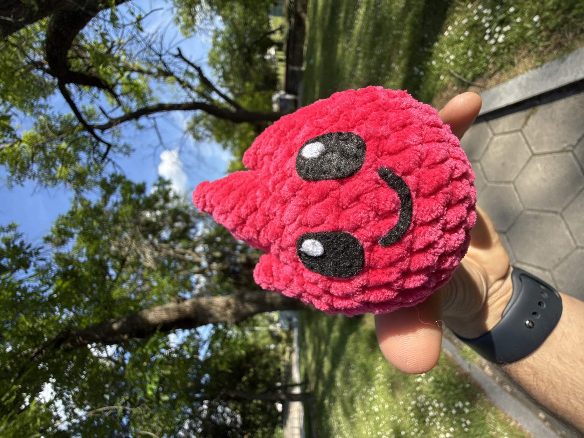 A hand holds a pink, plush toy with black and white eyes and a black stitched smile. The background shows a tree with green leaves against a blue sky, with a sidewalk and grassy area with small white flowers below. The wrist wearing a black watch is visible. The location appears to be a park or green space. Given the prompt's instructions, it is assumed this photo was taken in Shumen, Bulgaria, although this cannot be confirmed from the image alone.