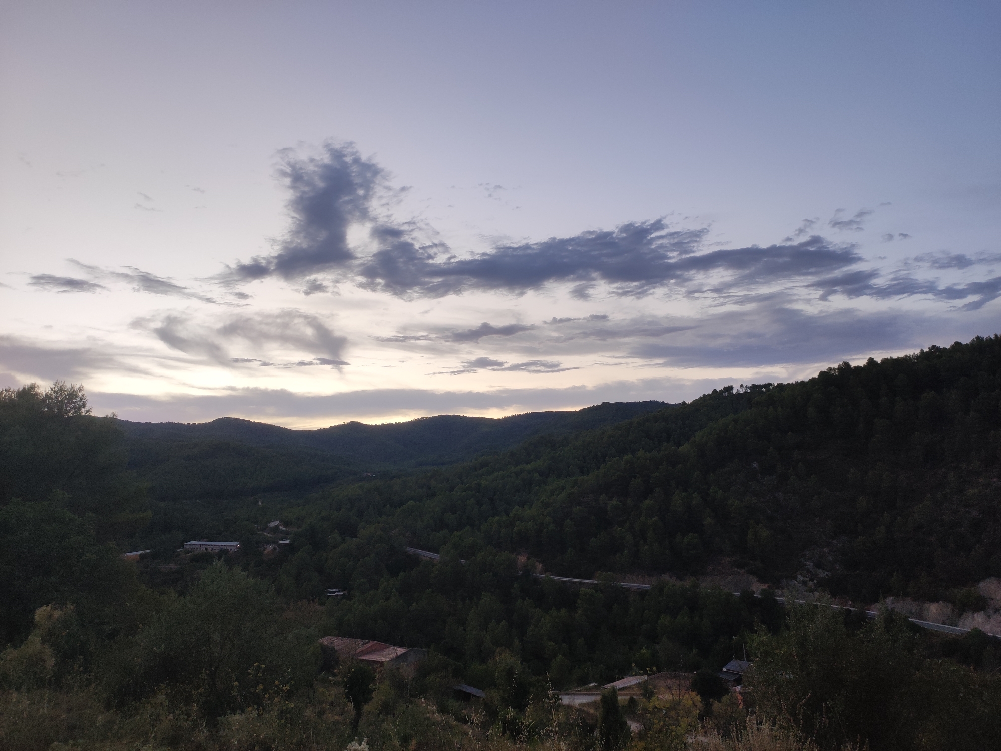 This is a scenic view of a valley with rolling hills covered in dark green coniferous trees. The sky is a gradient of pale purple and blue with scattered clouds. A paved road winds through the valley, flanked by trees. In the middle ground, there appears to be a cluster of buildings, possibly a small village or rural settlement, with some structures showing a lighter color and geometric shapes, hinting at modern construction. In the foreground, there are more trees and vegetation, some of which are closer to the viewer, obscuring parts of the landscape below. The lighting suggests it is either early morning or late evening, with the sun low on the horizon. The overall atmosphere is peaceful and natural, characteristic of a rural or mountainous area.