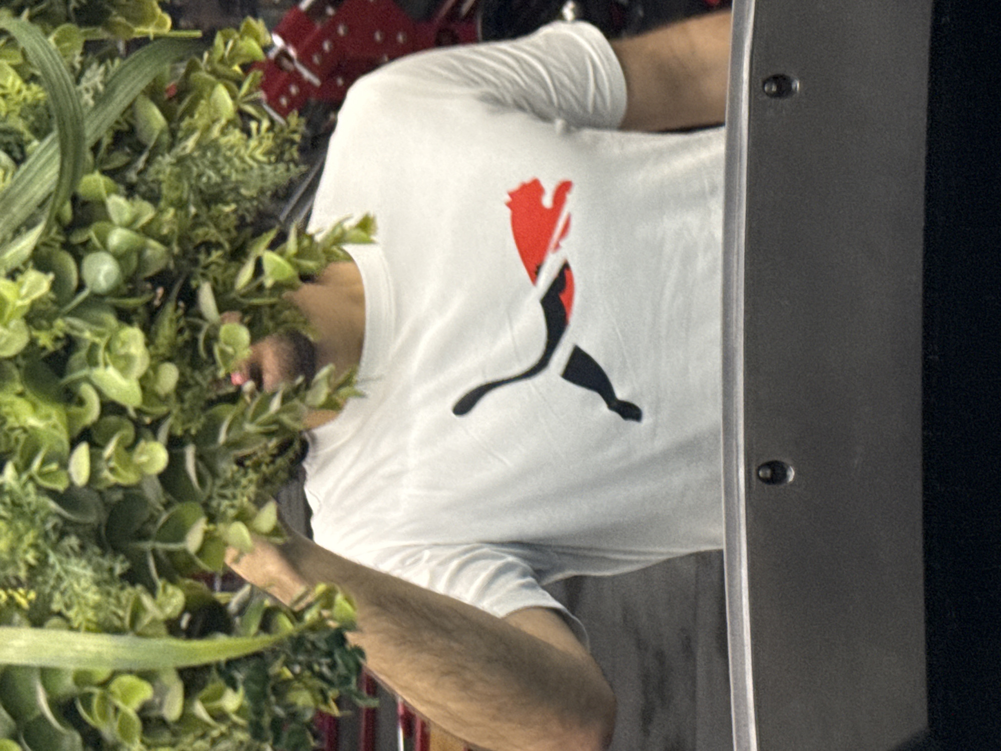 A man with a beard is partially obscured by a bush, wearing a white Puma T-shirt, standing next to a gray metal surface with rivets. The location is likely Yerevan, Armenia, although the specific context within the city is not discernible from the image.